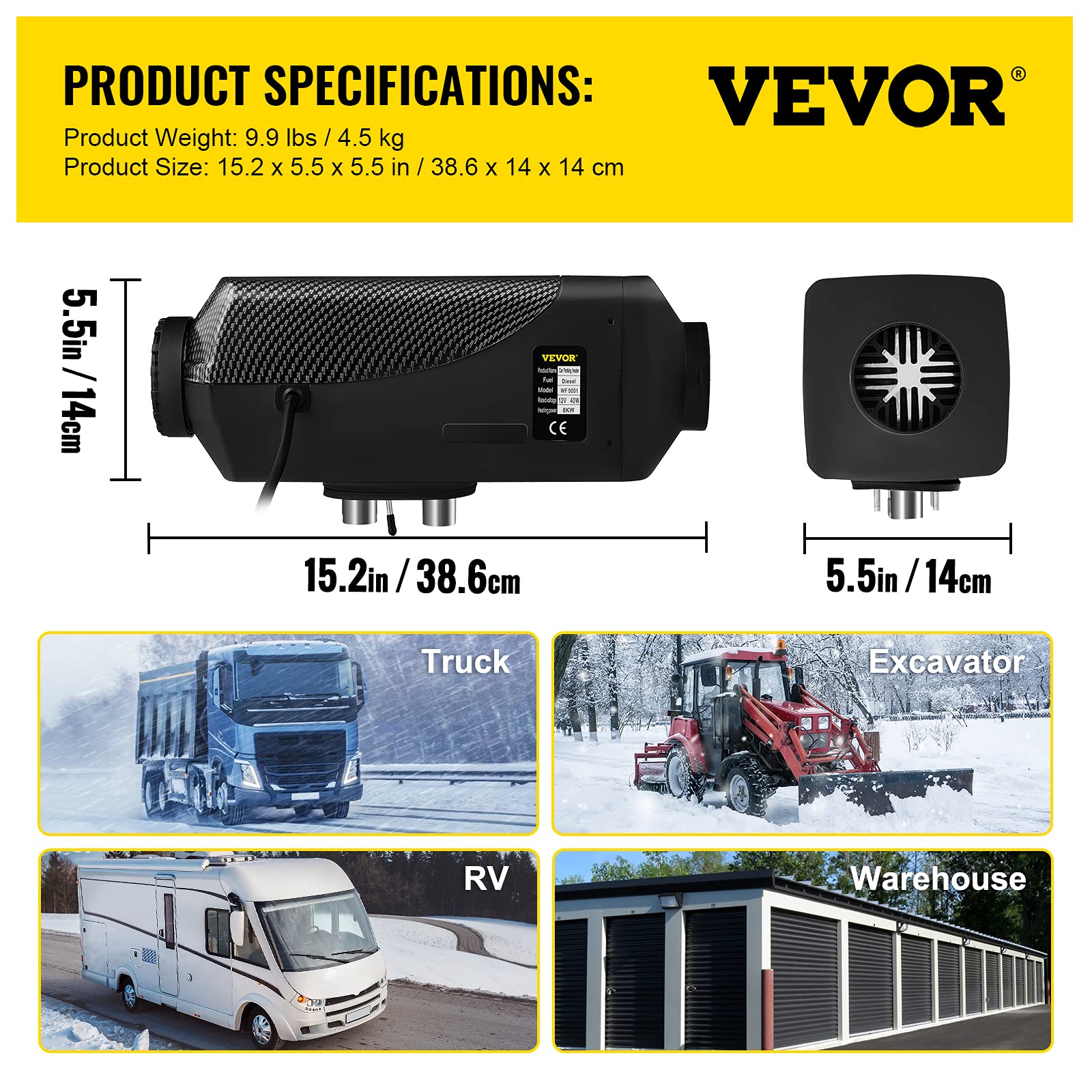 VEVOR Riscaldatore ad Aria Diesel, 12V 8KW Riscaldatore Diesel con LCD e Presa d'Aria per Camper, per Camper,Macchine,Camion,Barche,Autobus, Sicuro e Caldo