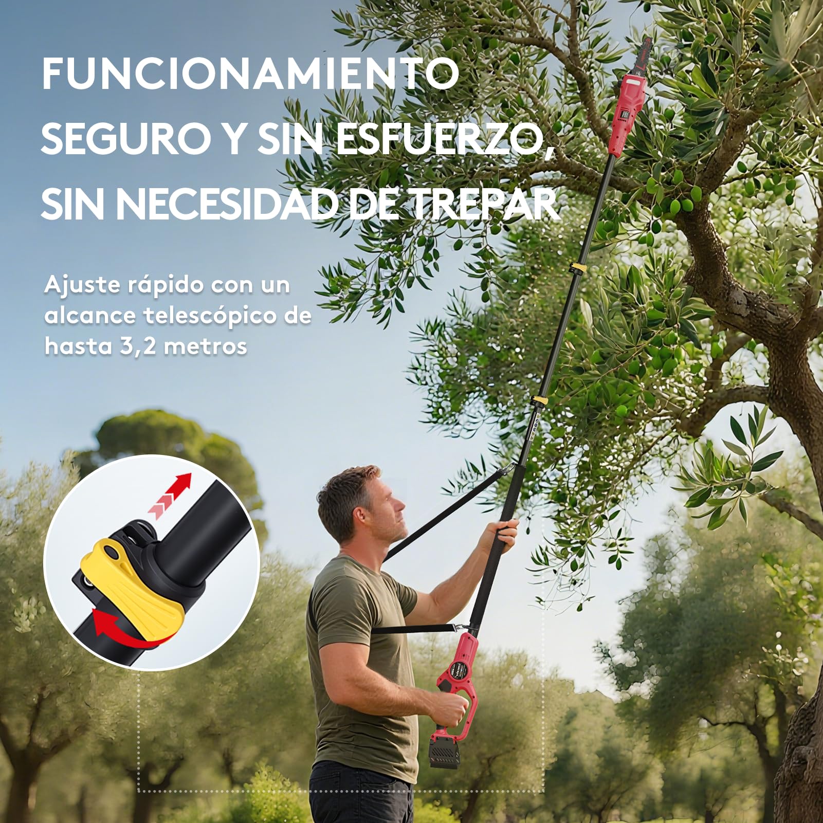 Laecabv Podadora telescópica, sierra de barra telescópica, sierra podadora eléctrica, batería 21 V 4 Ah y cargador, diámetro de corte 18 cm, velocidad de la cadena 8 m/s, autolubricante, ampliable