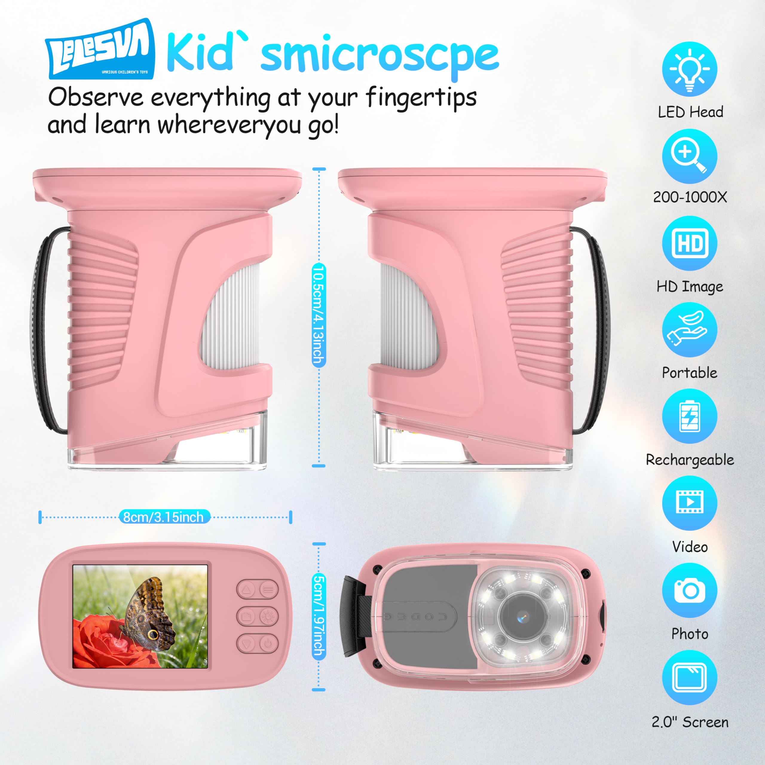 Microscope pour Enfants avec écran de 2,4 Pouces et résolution 4K-Mini Microscope de Poche Portable (1000x) Jouet Scientifique et éducatif (STEM) Idéal comme Cadeau de Noël ou d'anniversaire(Rose)