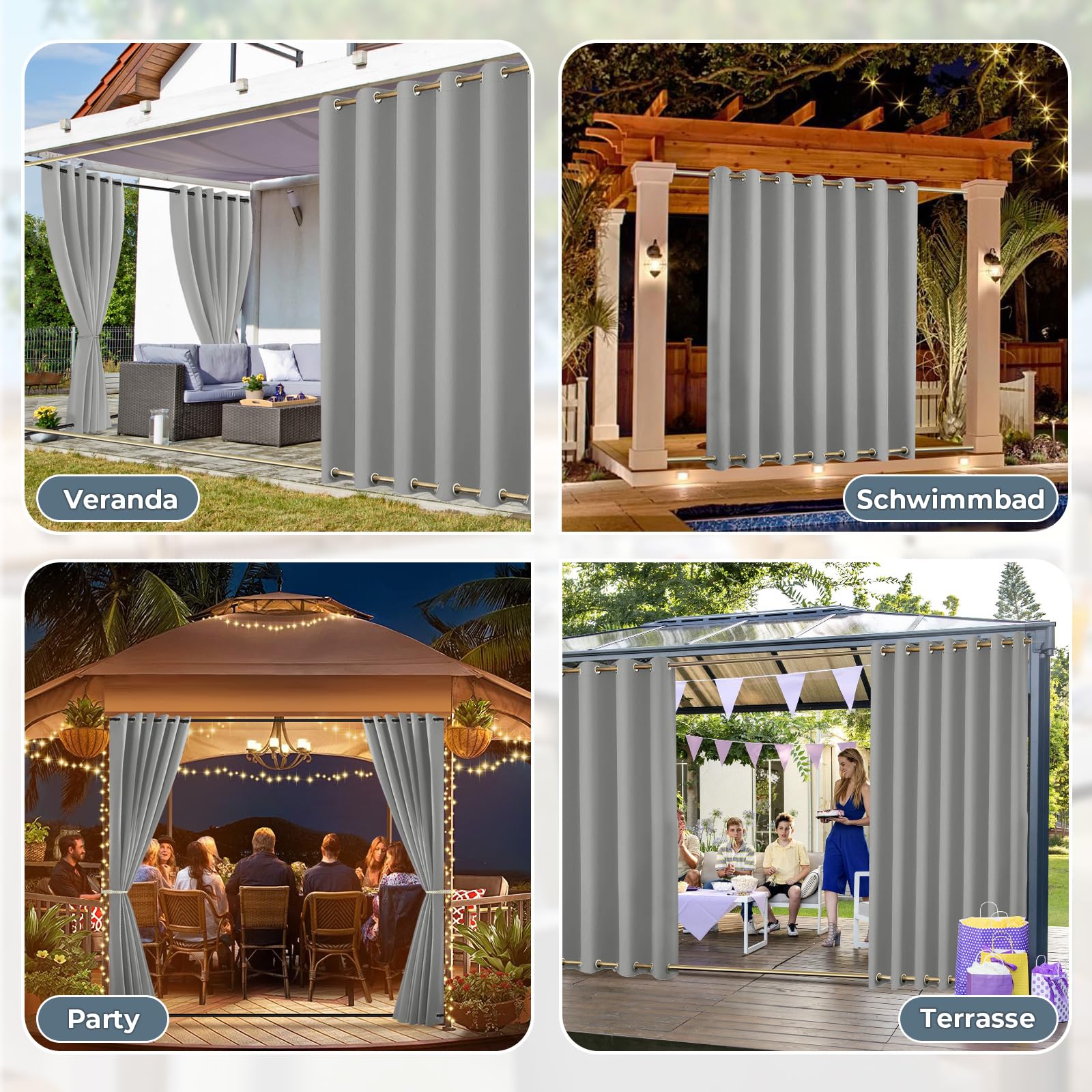 Outdoor Vorhang Wetterfest B254xH213CM, Wasserdicht Outdoorvorhänge mit Ösen, Aussen Gardinen Winddicht Sonnenschutz Sichtschutz für Garten Terrasse Balkon Pergola Pavillon (Hellgrau)