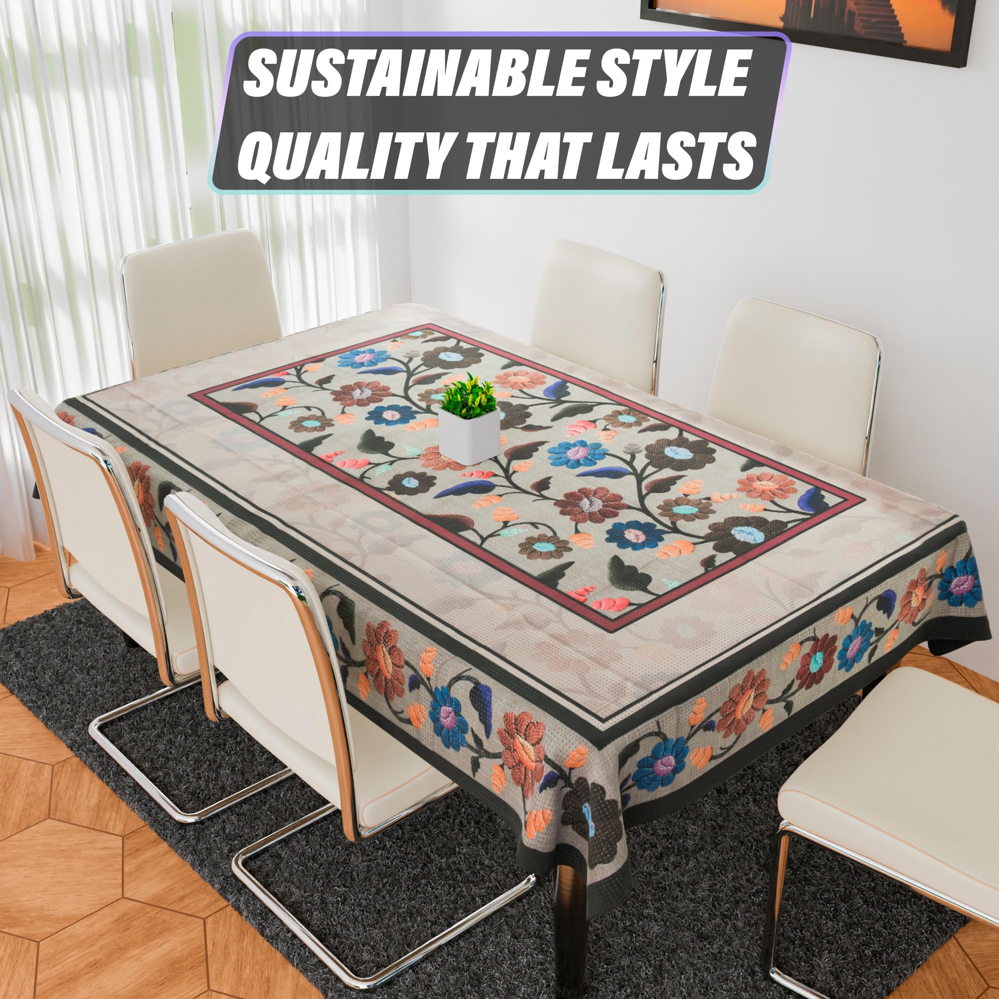 Kuber Industries Rectangular Dining Table Cover | Tabletop Cover | Table Buffet Cover | Table Linen Cover | 6-Seater Table Cloth | Table Cloth Cover | Brown New Painting | DTC | 60X90 Inch | Cream 4