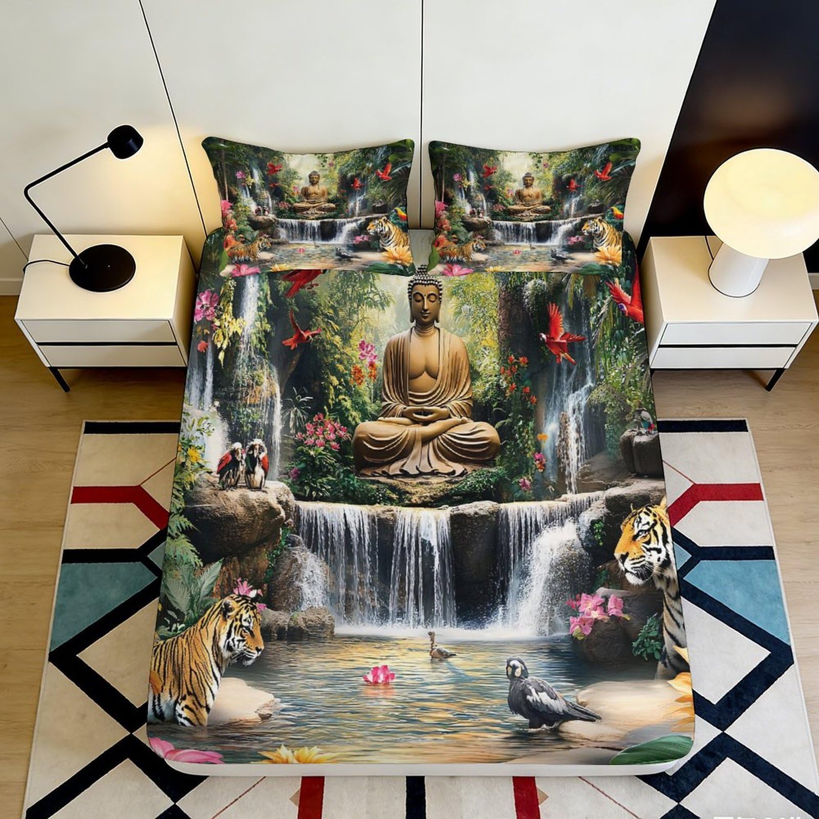 3D Printed Buddha Waterfall Fitted Sheet Microfiber Soft Artistic Jungle Animals Mattress Cover for Bedroom Dorm Decor 90x200x25cm