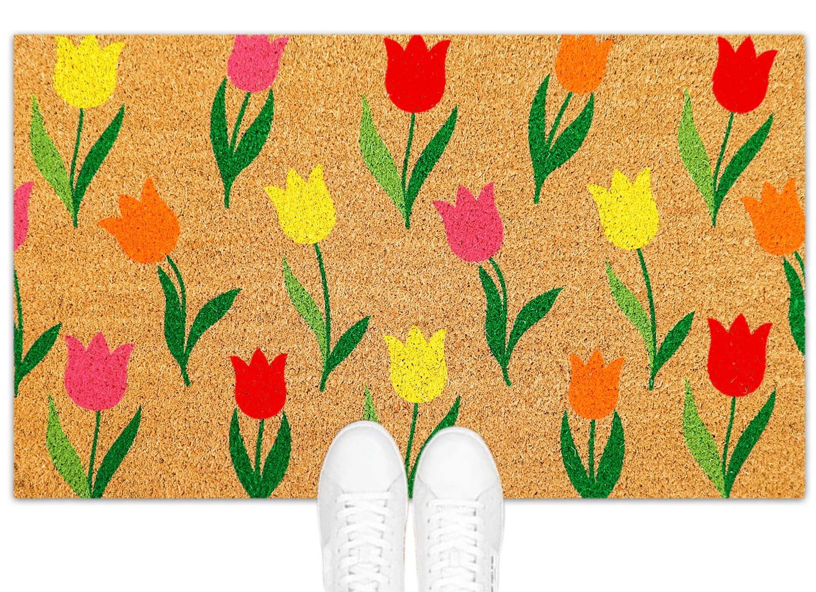 FYSUIMU Spring Natural Coir Doormat Colorful Tulip Flower Welcome Floor Mat Non-Slip Floral Entrance Door Rugs for Indoor Outdoor Home Bathroom Decor,