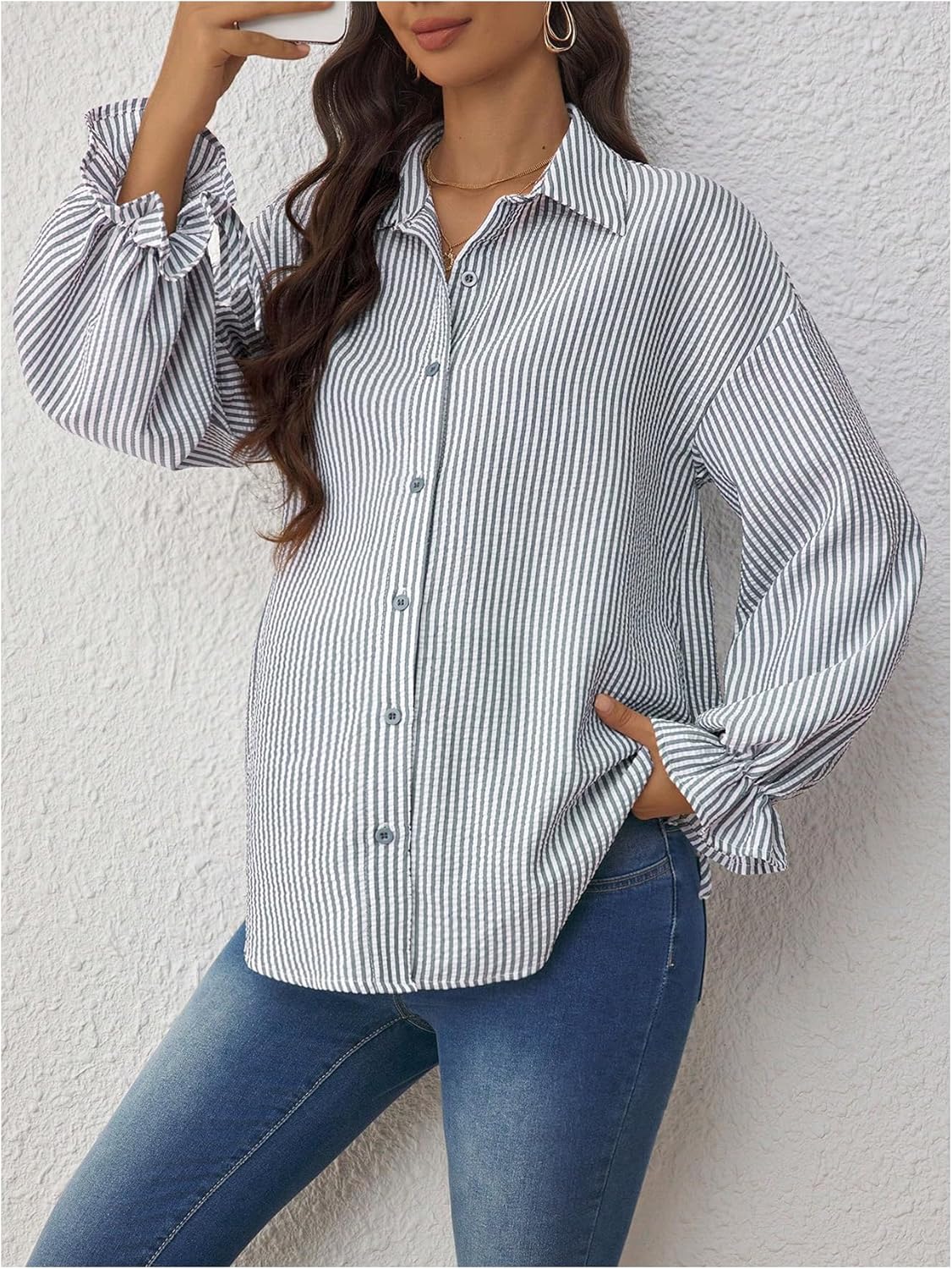 Women's Maternity Blouse Spring Striped Long Sleeve Pregnancy Button Down Shirts - image 2