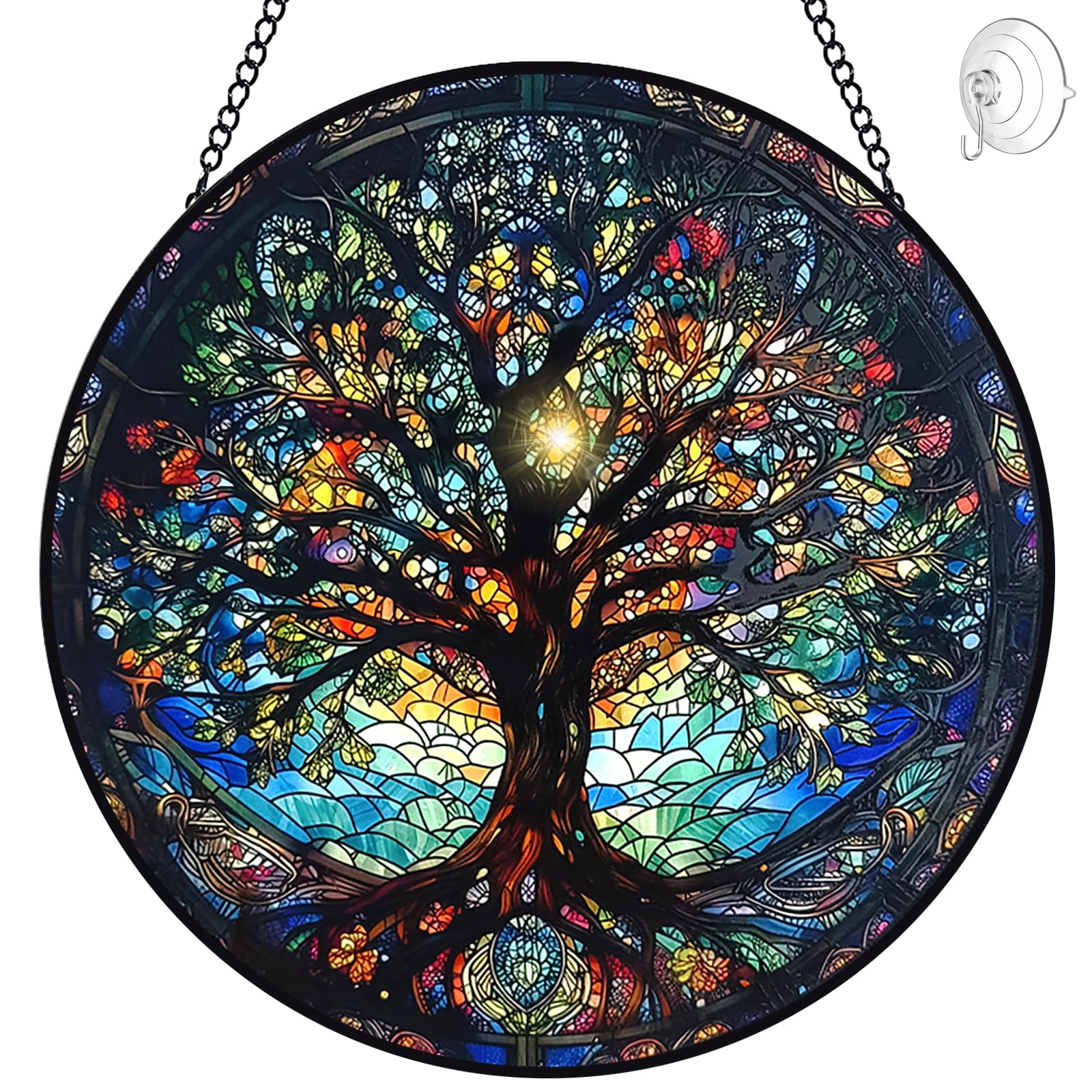 Stained Glass Sun Catcher for Windows Hanging - Stained Glass Suncatcher Window Hanging Panels with Metal Chain and Hook - Wall Art Ornament for Home Garden Christmas Decorations (Tree of Life)