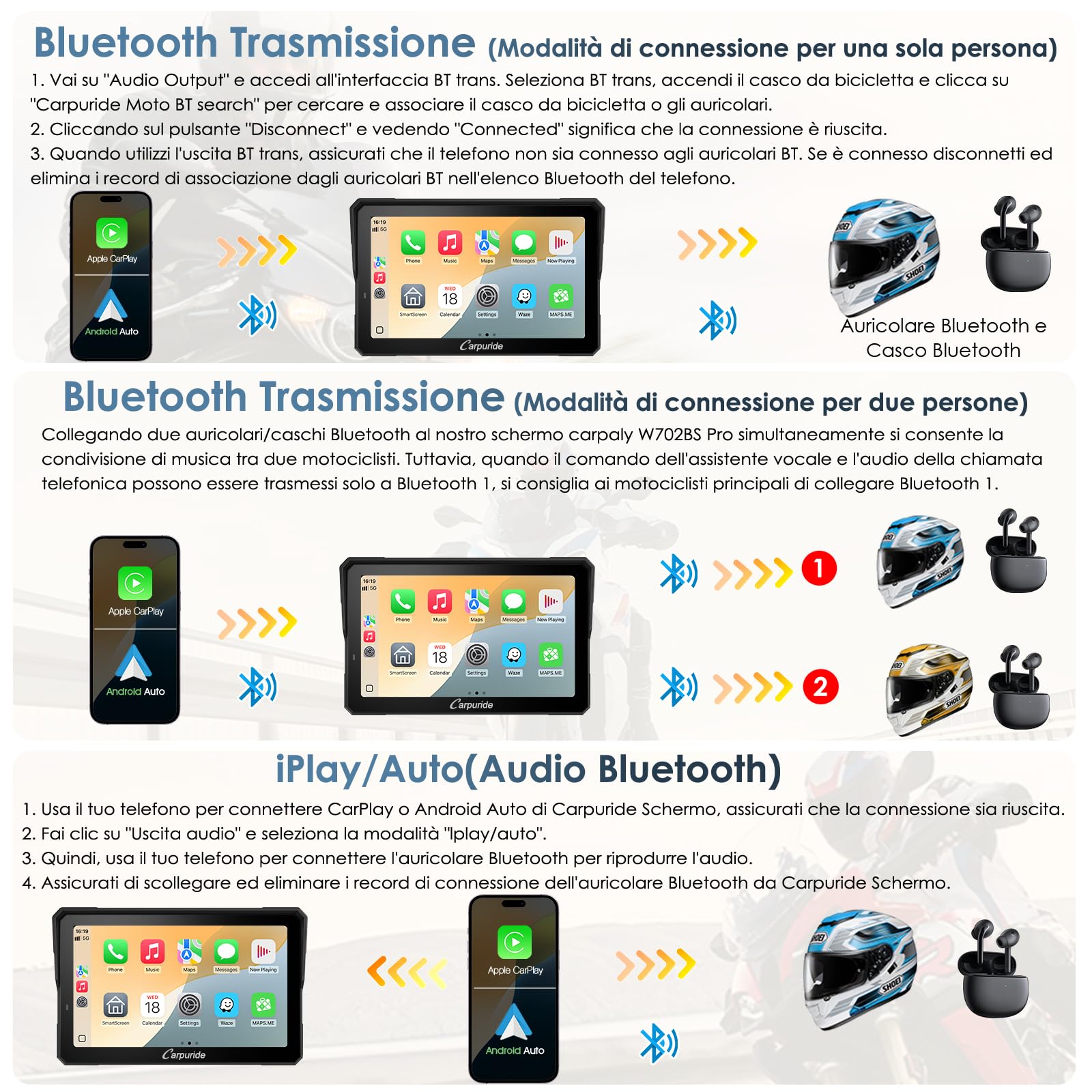 Carpuride W702T Pro Moto Carplay Schermo con TPMS Sistema, Senza Fili CarPlay e Android Auto, Portatile 7" Impermeabile Tattile Schermo, Doppio Bluetooth, Interfono Funzione, Navi, Bussola, Barometro.