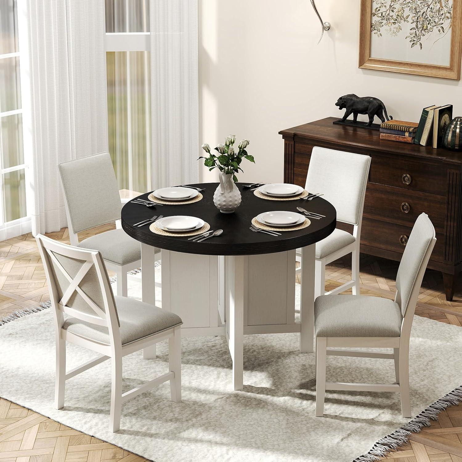 Amazon.com - Kmax Wood Round Dining Table for 4, Black Top Kitchen ...