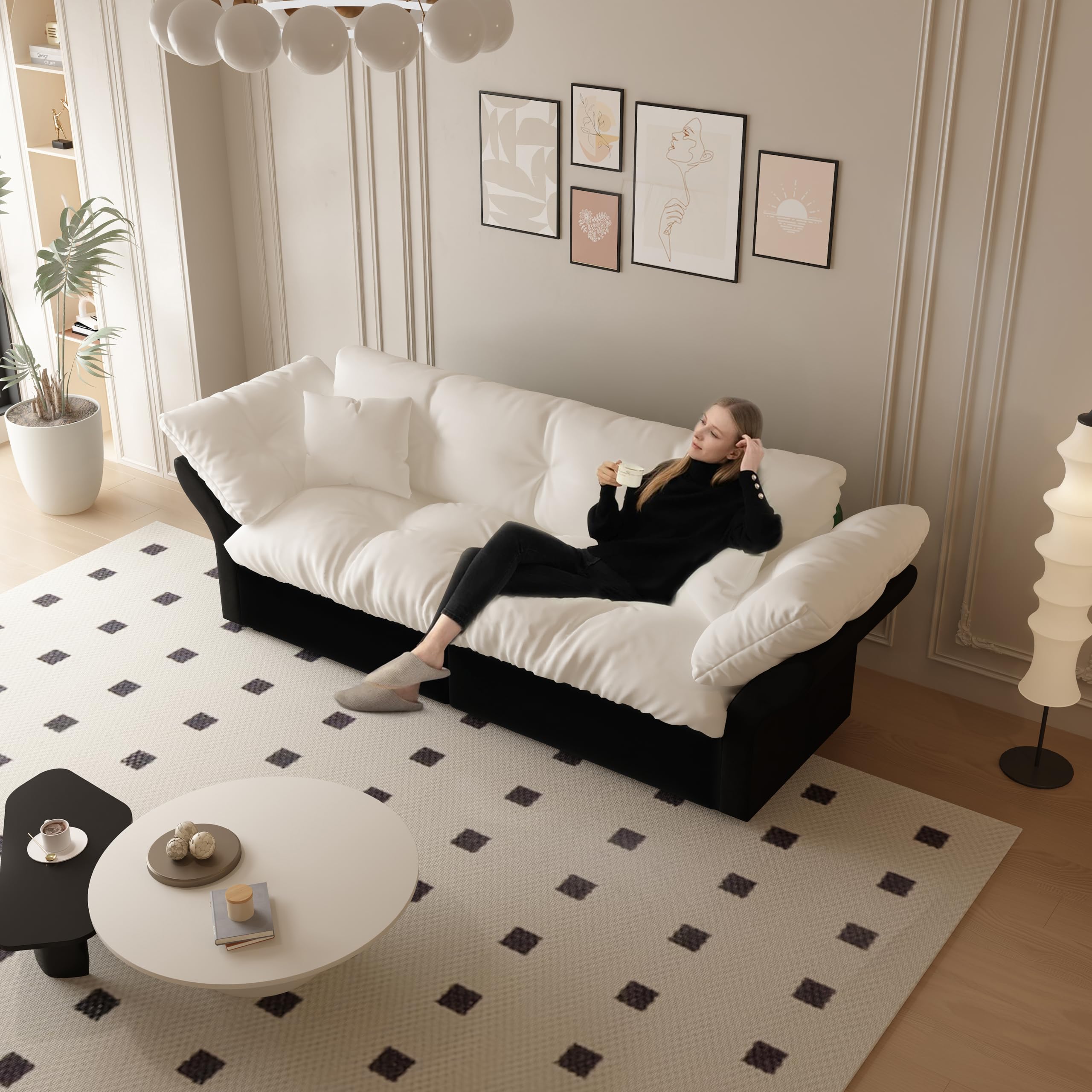 Generisch Sofa rozkładana 3 w 1 Queen Size, welurowa sofa do spania z tuftingiem i 2 miękkimi poduszkami, wielofunkcyjna sofa do salonu, sypialni, beżowa/biała