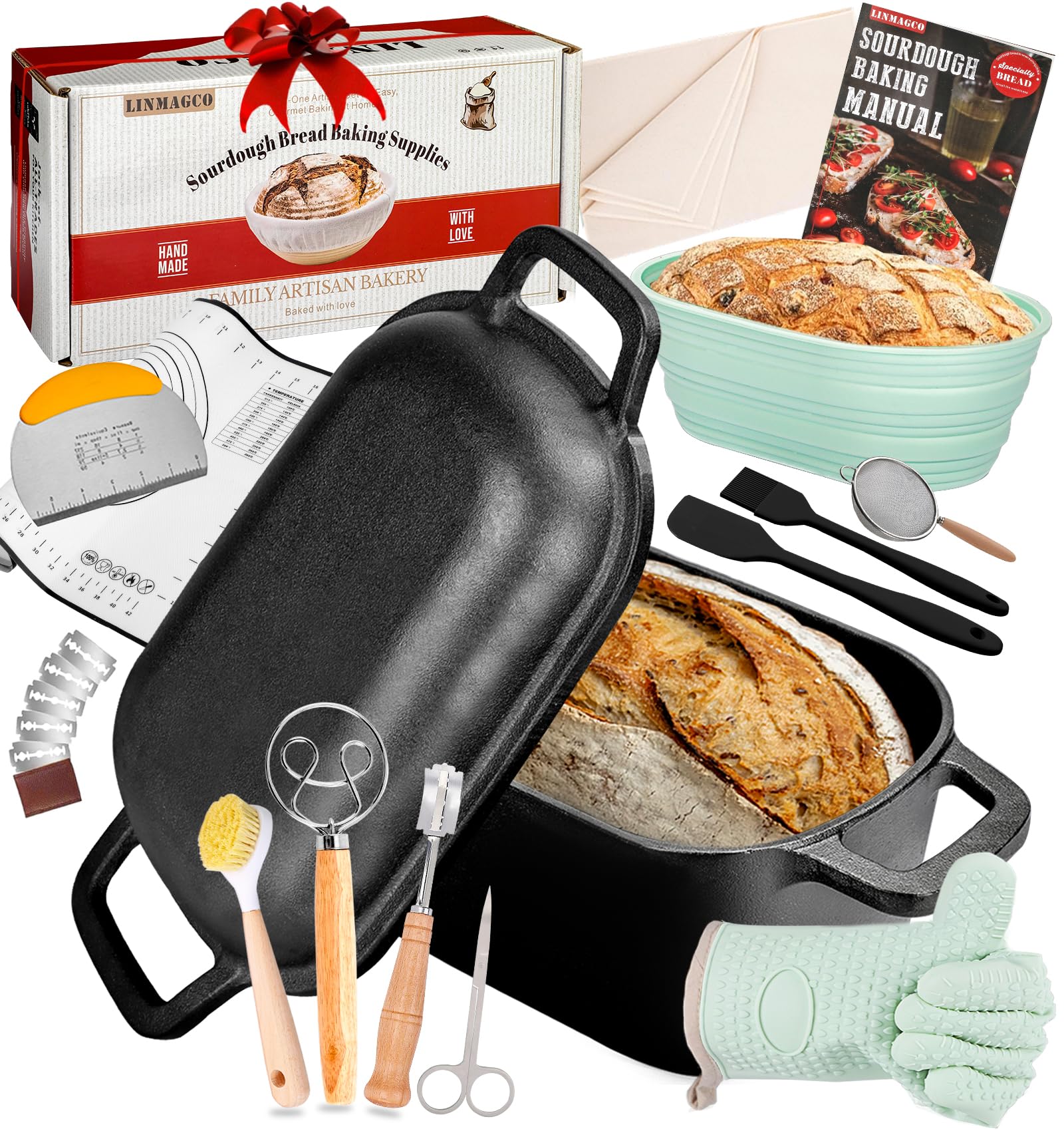 Dutch Oven for Bread Baking-3.4L Oval Cast Iron Pot Bread Pan with Lid-Sourdough Bread Baking Supplies Starter Kit — image 1
