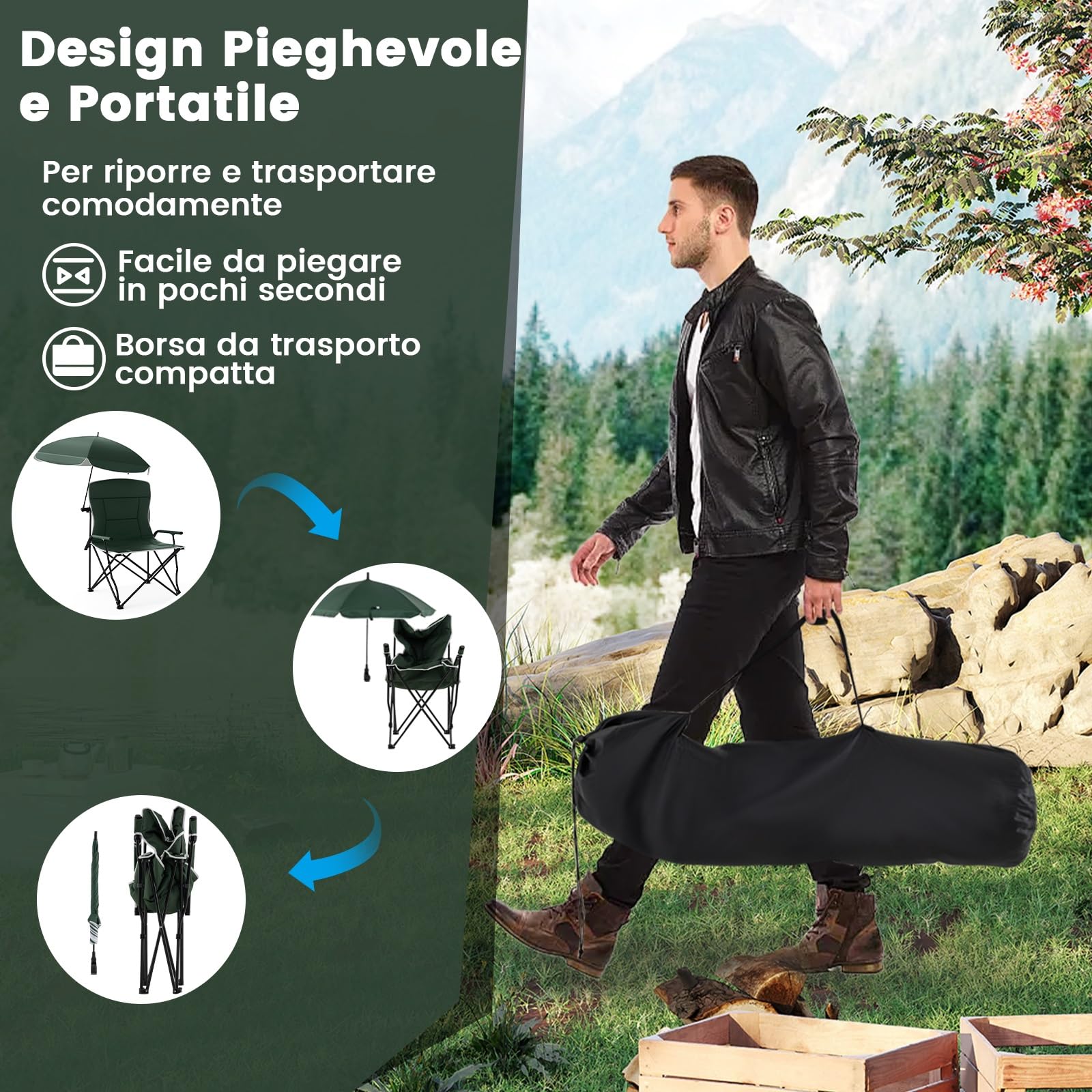 COSTWAY Sedia da Campeggio con Ombrello Regolabile, Portata 160 kg