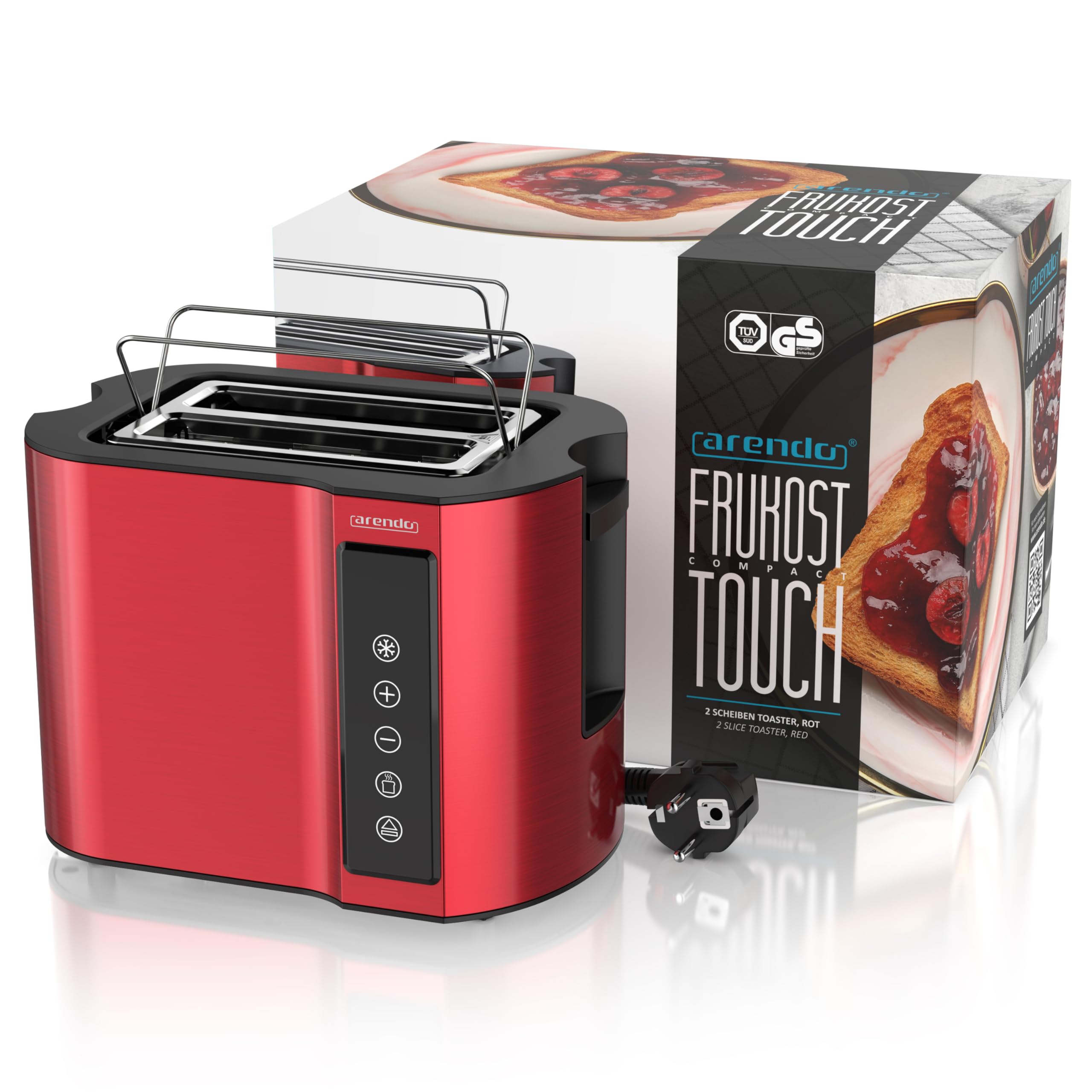 Arendo - Touch Toaster 2 Scheiben Edelstahl - Touchpanel - digital Display Restzeitanzeige - 800 W – Doppelwandgehäuse – mit Brötchenaufsatz – 7 Bräunungsgrade – Brotscheibenzentrierung - Rot
