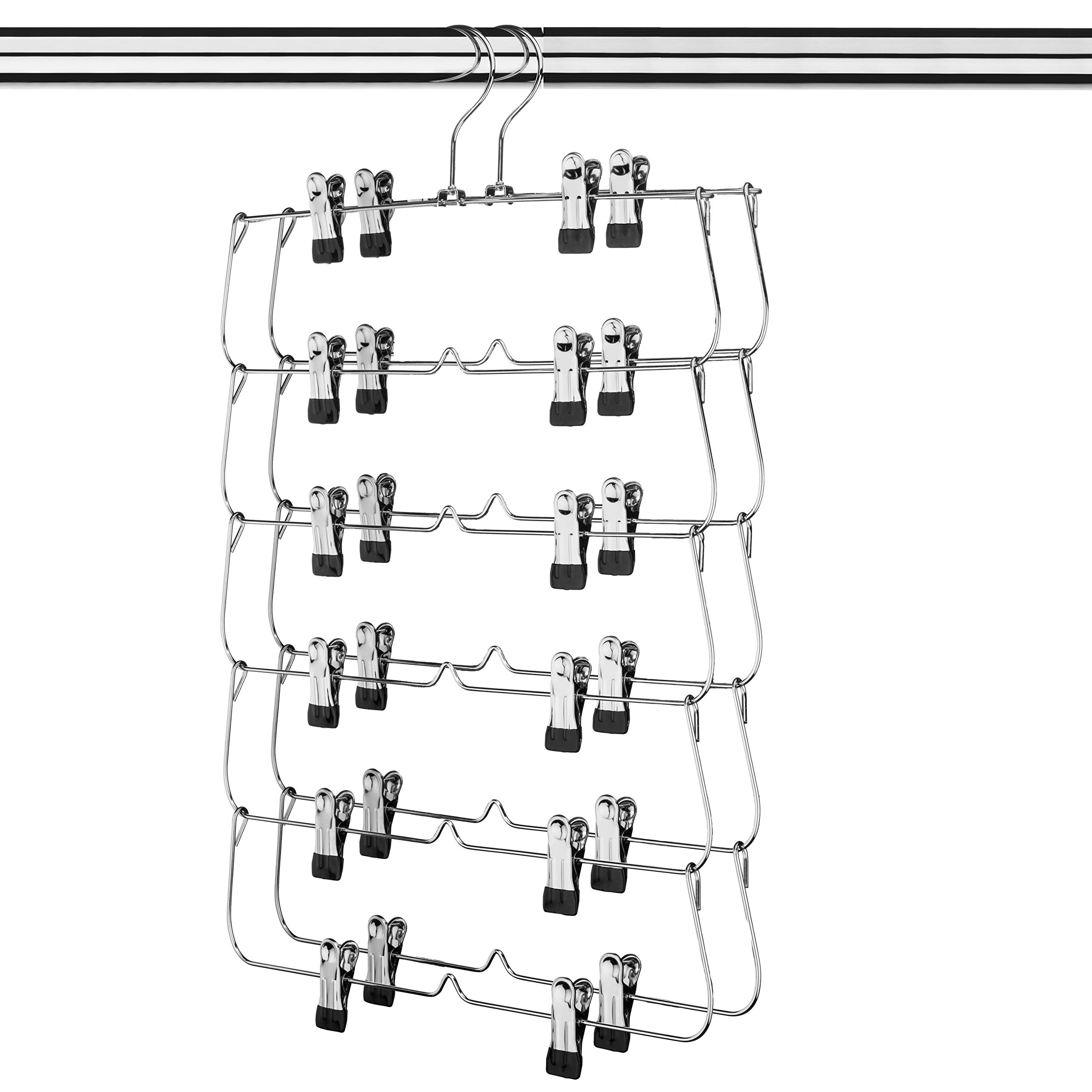 USTECH 6-Tier Foldable Hangers Made of Chrome Steel, with Adjustable, Non-Slip Clips, & Folding Hook to Hold Jeans & Dresses | Chrome Finish | Available in a Pack of 2