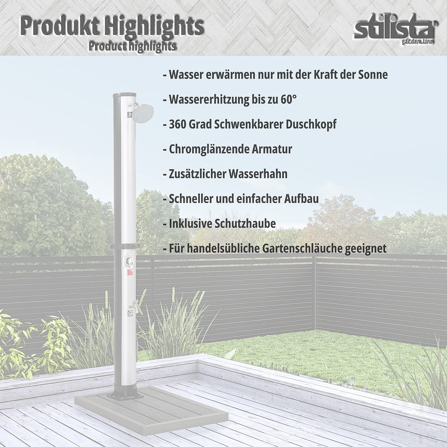 STILISTA Solardusche 35 l, Wasserhahn, Schlauchanschluss, Farbwahl, Silber/Schwarz