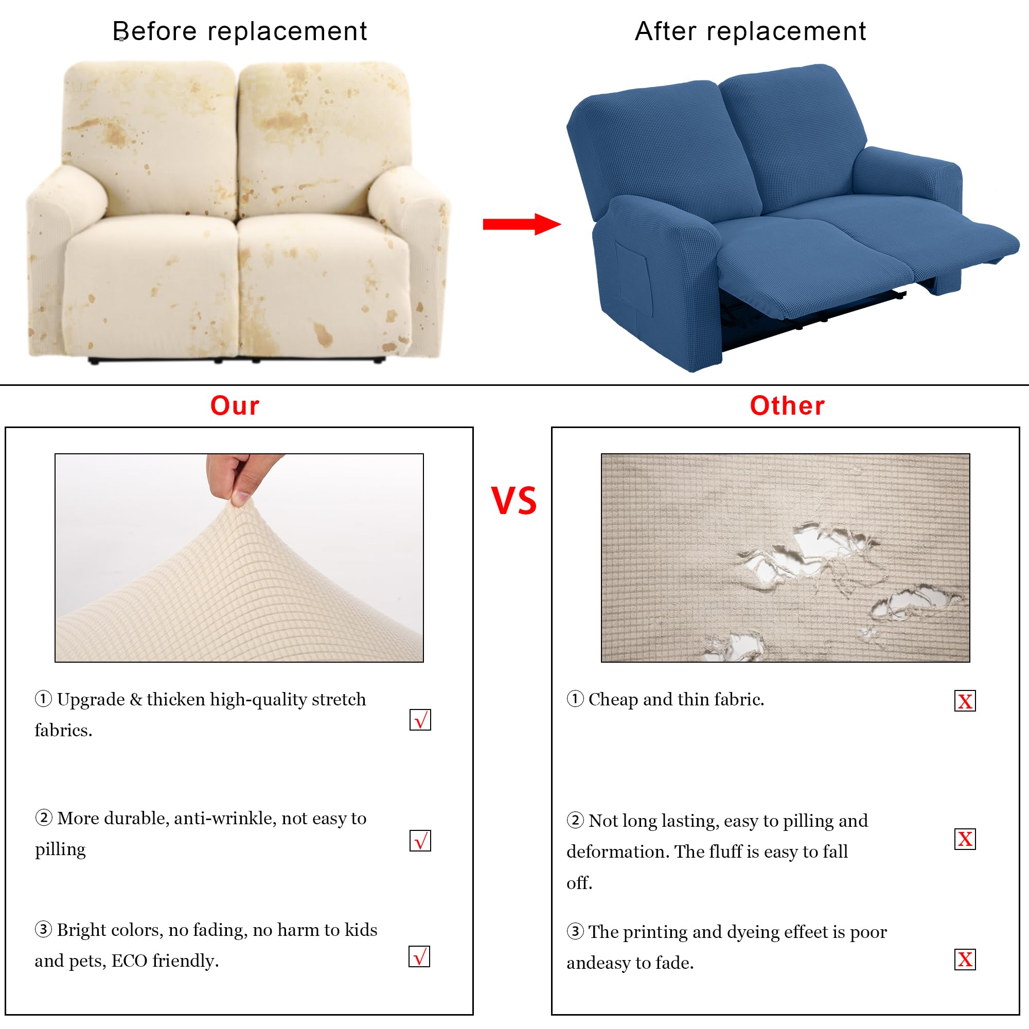 TIANSHU Coprisedili per poltrone a 2 posti, copridivano reclinabile jacquard per divano a 2 cuscini, fodera per mobili estensibile reclinabile per divano relax (blu denim)