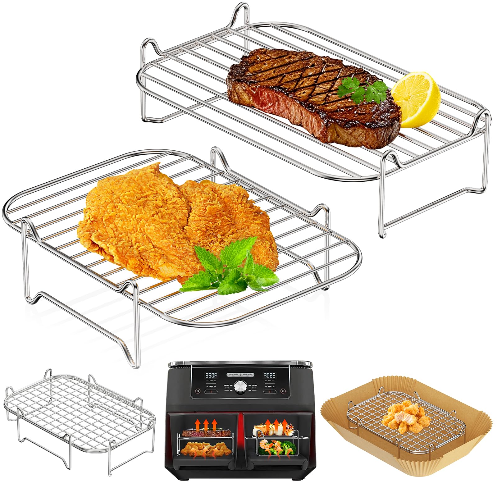 HONYAO Air Fryer Grates - Double Air Fryer Accessories - 2 Piece Grelha Stainless Steel Dish Compatible with Ninja Foodi, Cosori, Cecotec, Other Dual Airfryer