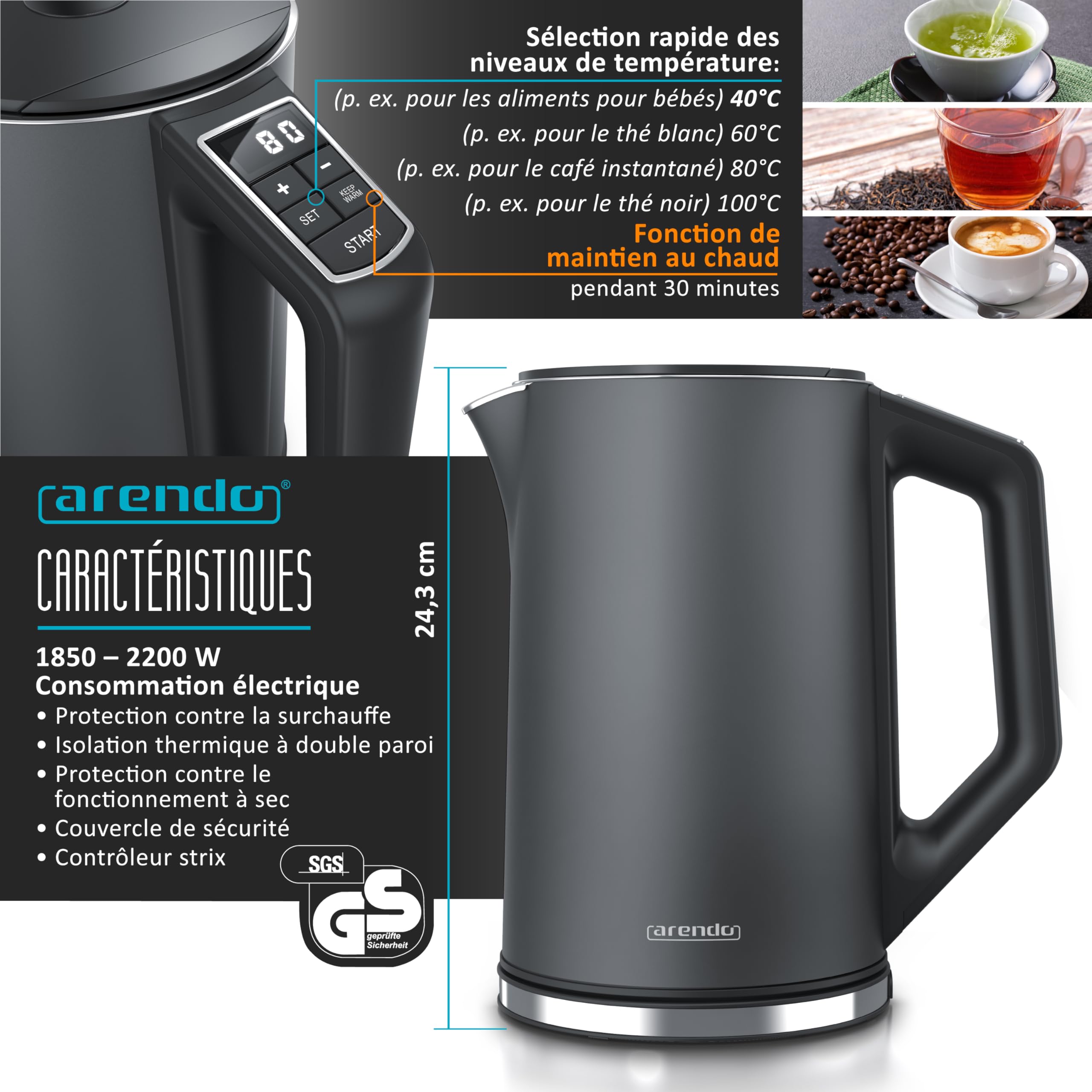Arendo Set Ensembles Bouilloire et grille-pain et cuiseur à oeufs Bouilloire en inox 1,5L 40°-100°C Grille-pain 2 Tranches Ecran LED 6 niveaux de brunissage Cuiseur à oeufs 1-8 oeufs, Verre doseur
