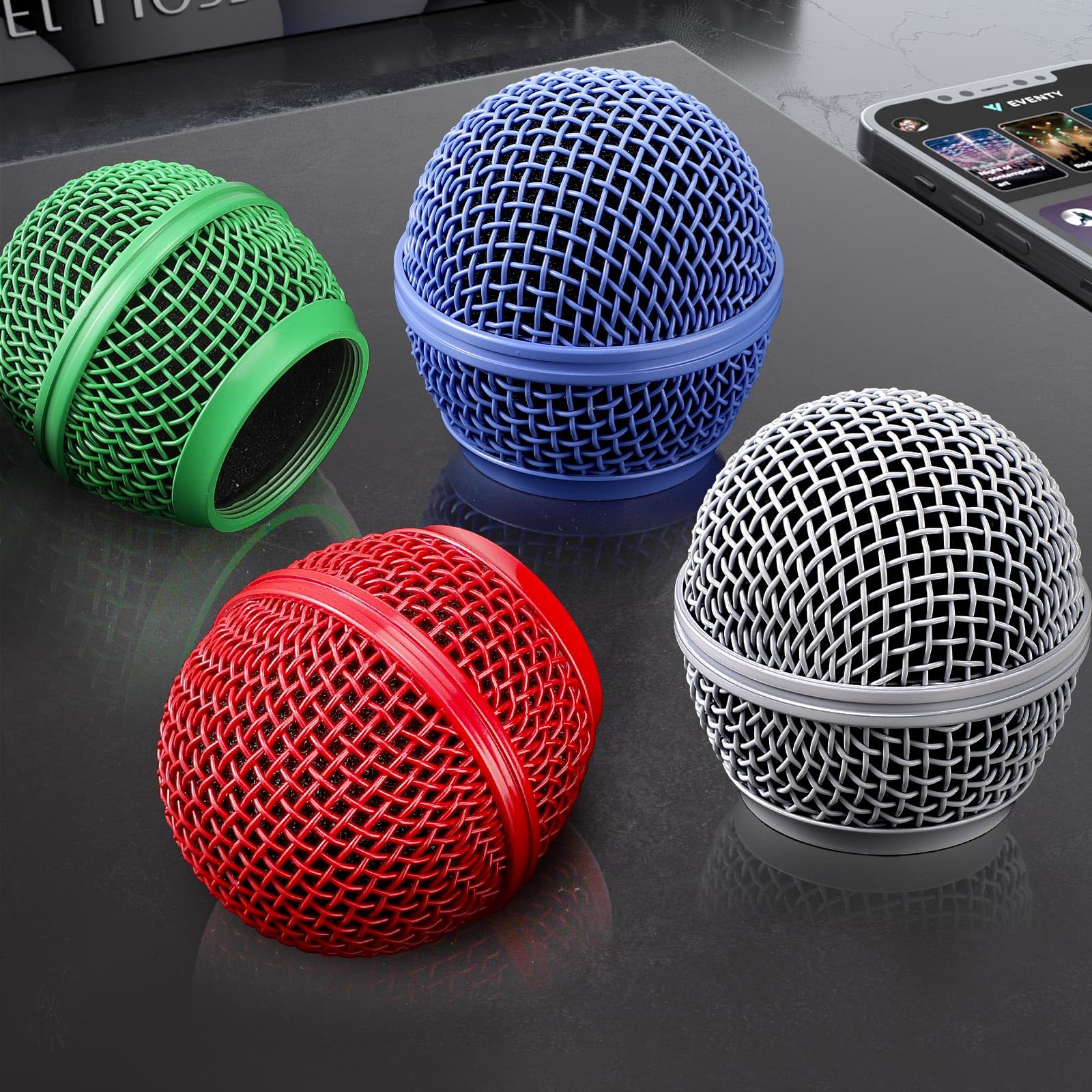 Facmogu 4PCS Beta58A Mesh Microphone Heads, Microphone Head Replacement, Microphone Grille Ball Head With Inner Foam, Beta 58A Steel Wireless Mic Head Cover, Round Microphone Head Grill - Mulitcolor