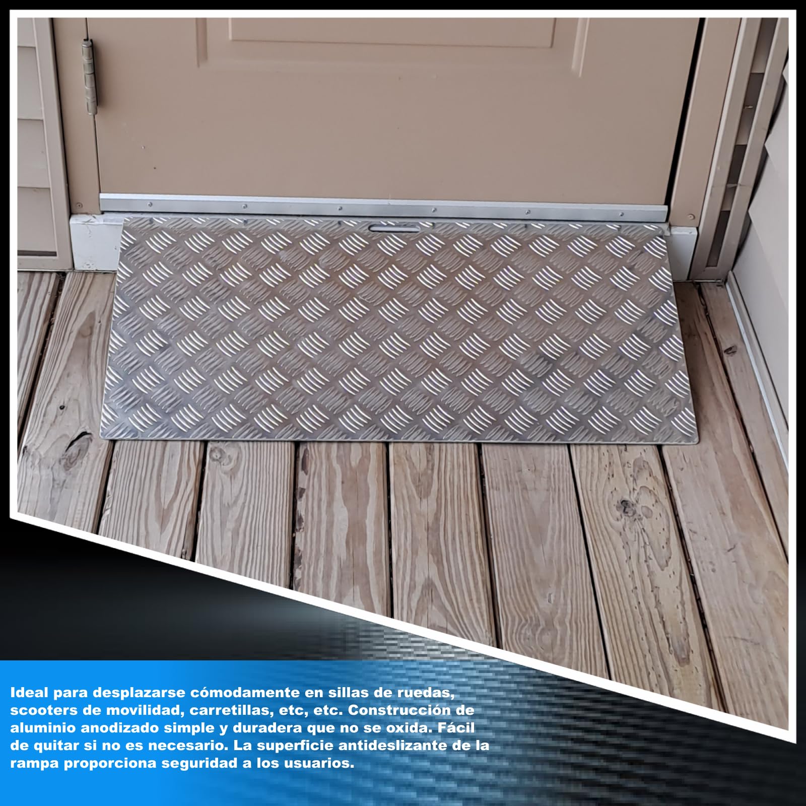 Rampa Umbral Rígida para Sillas de Ruedas Plataforma de Carga Altura Variable Regulable Superficie Antideslizante Aluminio Anodizado 1TR90