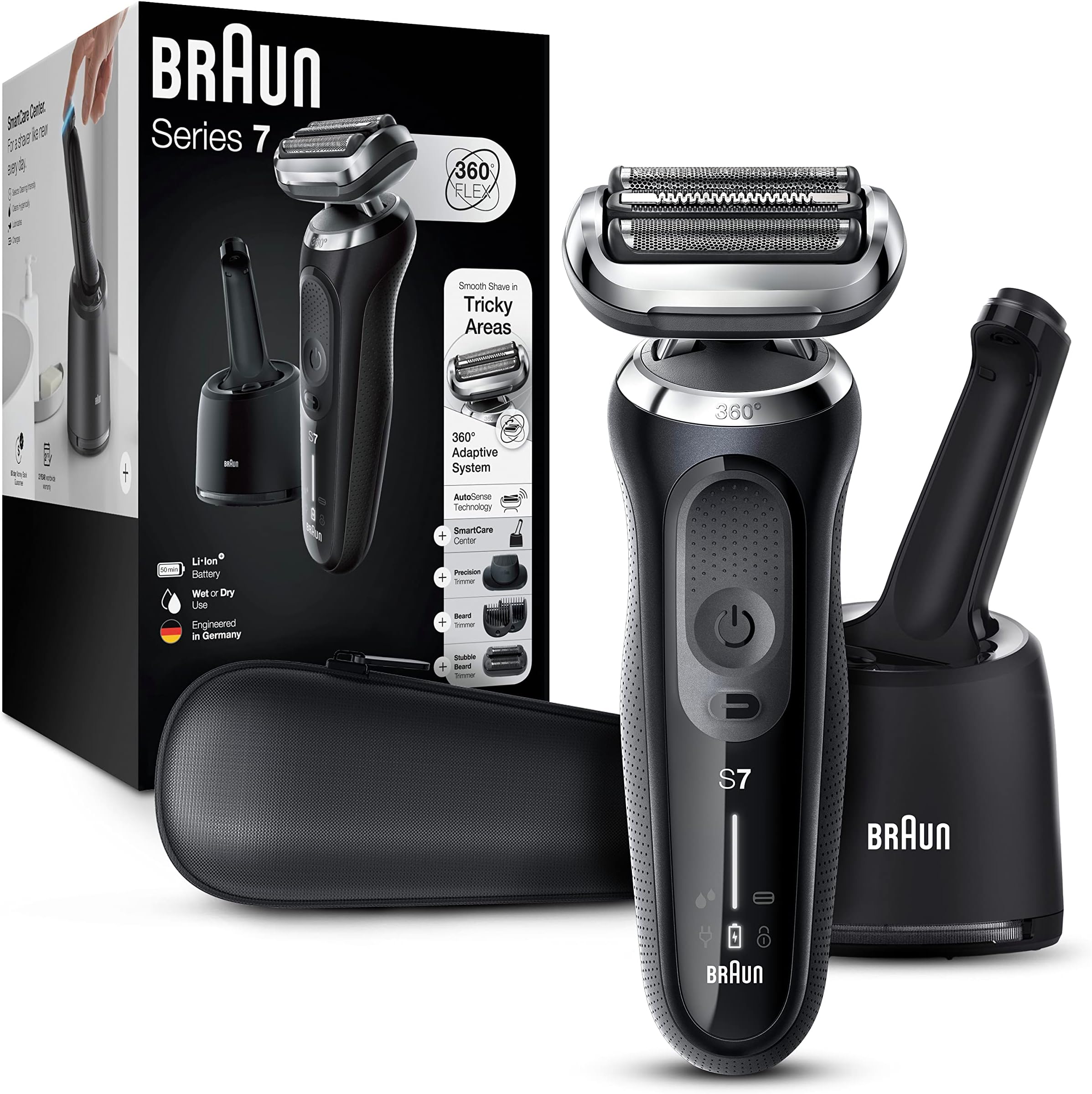 Braun Electric Razor for Men, Series 7 7085cc 360 Flex Head Electric Shaver with Beard Trimmer, Rechargeable, Wet & Dry, 4in1 SmartCare Center and Travel Case, Black