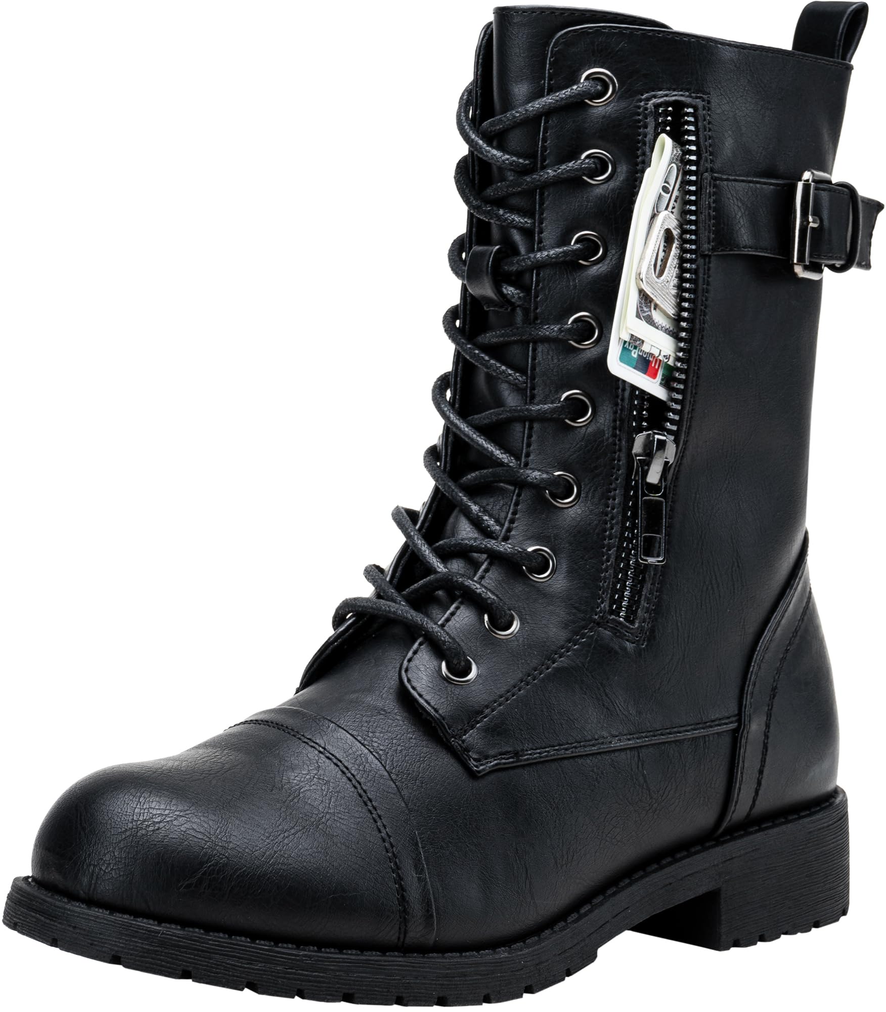 Vepose Womens Combat Boots Low Heel Mid Calf Military Boots