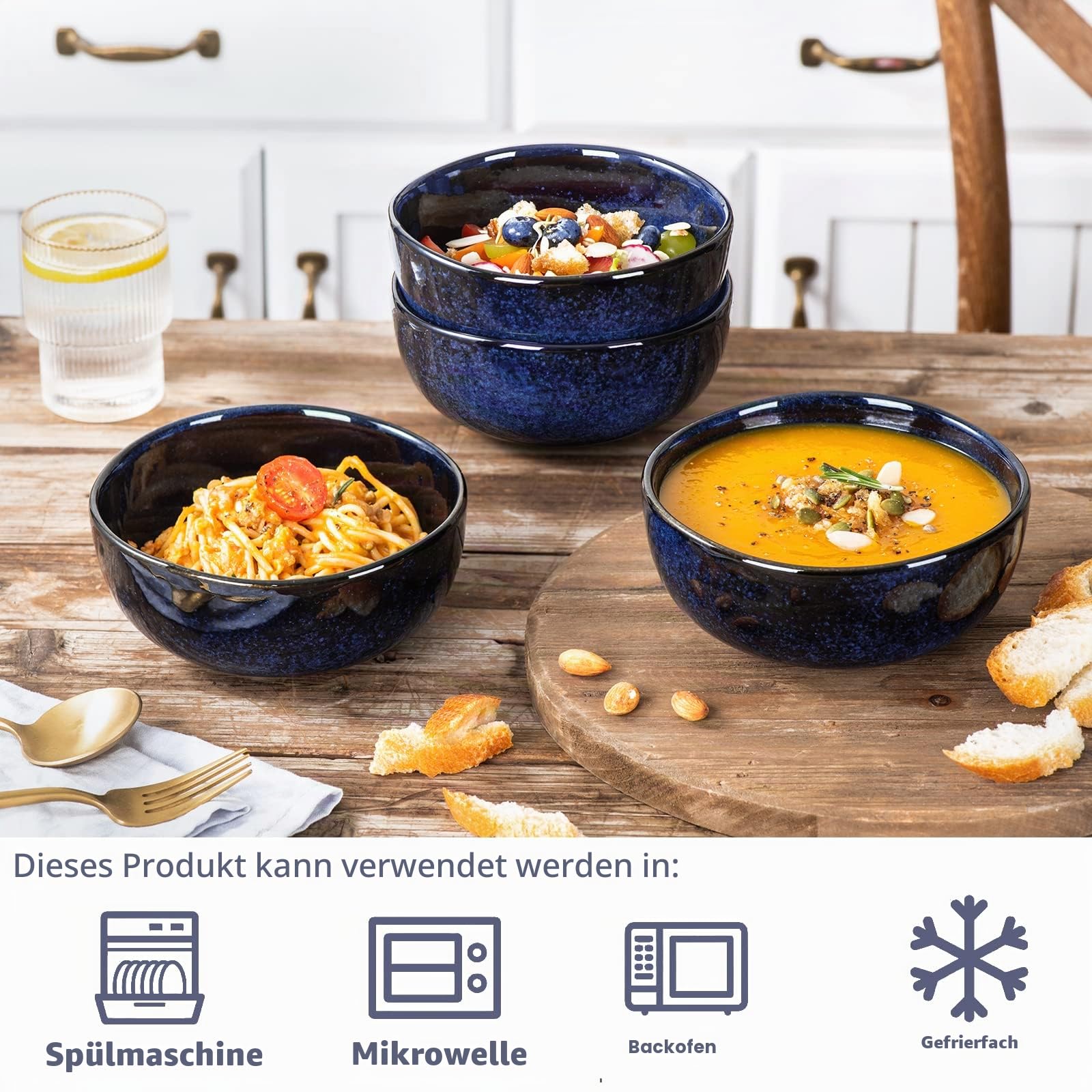 Vicrays Müslischalen-Set aus Keramik, Porzellan, 750 ml - Suppen-, Salat-, Reis-, Dessert- und Cremeschüsseln - Splitterfest, Spülmaschinenfest, Mikrowellengeeignet, 6 Stück (Blau)