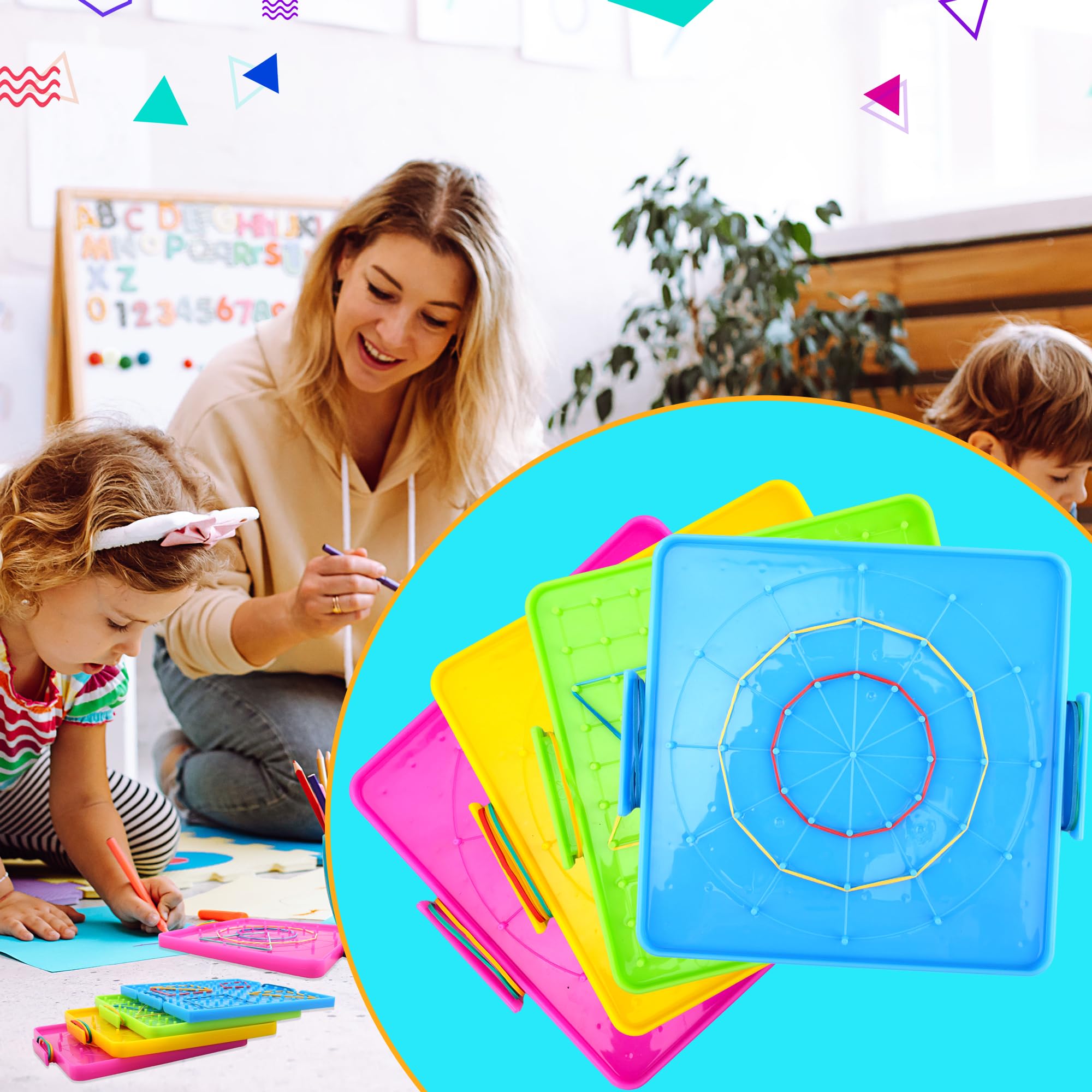 20 Pcs Plastic Double Sided Geoboard Mathematical Manipulative Material Geoboard Plastic Graphical Geo Board with Rubber Bands for Kindergarten Geometric Shape Learning Toys,4 Colors - Image 6