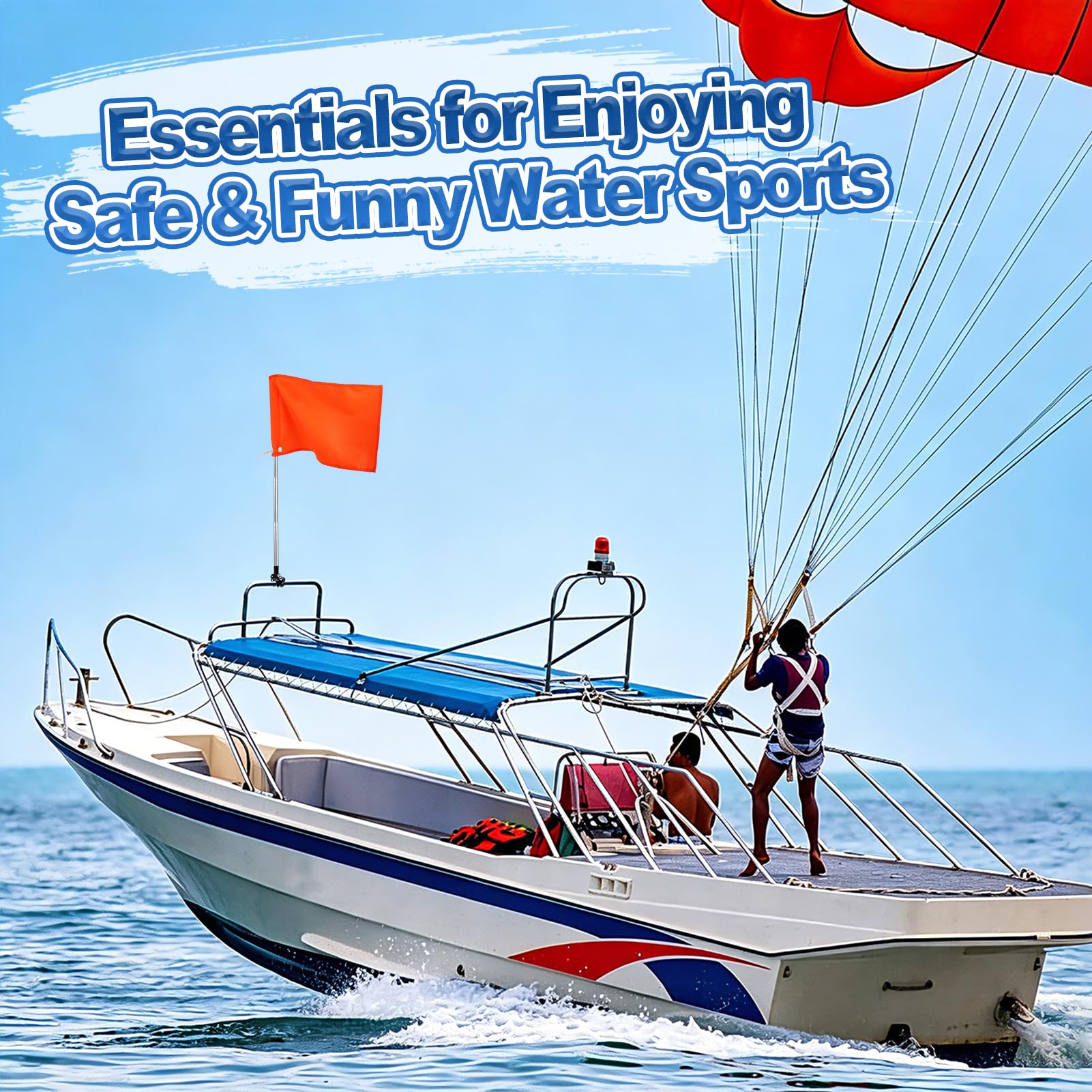 Drapeau de bateau orange avec mât réglable de 137,2 cm – 30,5 x 45,7 cm – Drapeau de ski nautique avec support stable, accessoires de sécurité pour sports nautiques, wakeboard