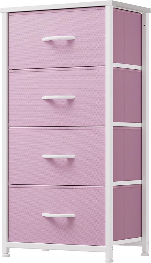 DWVO Storage Drawer with 4 Drawers - Fabric Dressers, Dresser for Living Room, Closets - Sturdy Steel Frame, Wooden Top & Easy Pull Fabric Bins, Cool Pink