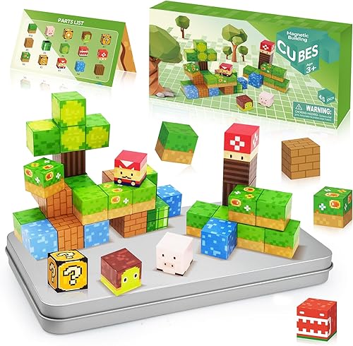 45pcs Mini Magnetic Blocks, Magnetic Blocks Travel with Iron Box, Magnetic Building Blocks STEM Educational Learning Magnet Toys for Kids Ages 3 4 5 6 7 8 Year Old Boys Girls