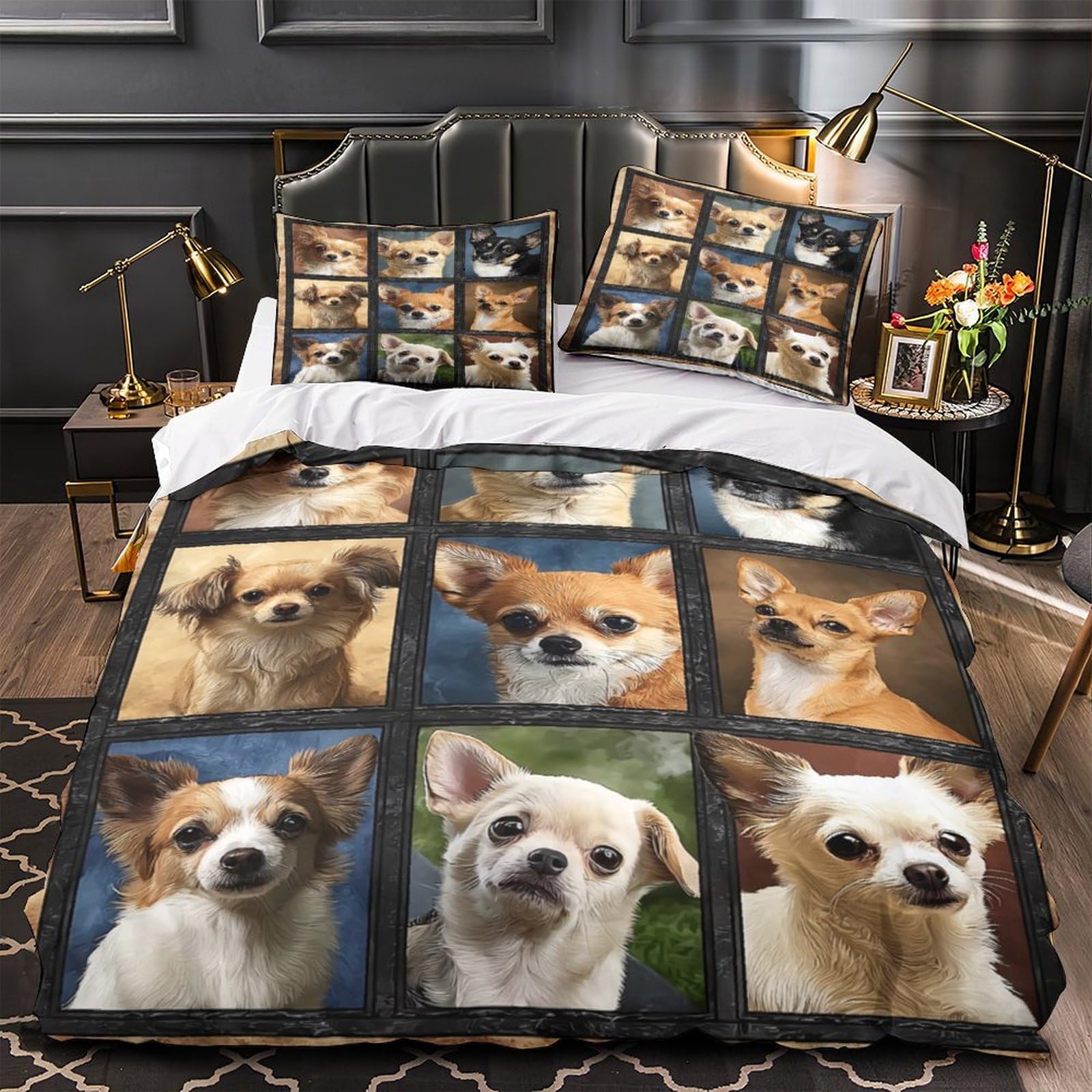 MMDASBVPE Chihuahua Portraits Comforter Cover 3D Design Printed Durable 3 Pcs Bedding Set Zipper Pet Photography Quilt Cover Luxury Breathable for Kids Girls Boys Adults Women Teens King（220x240cm）