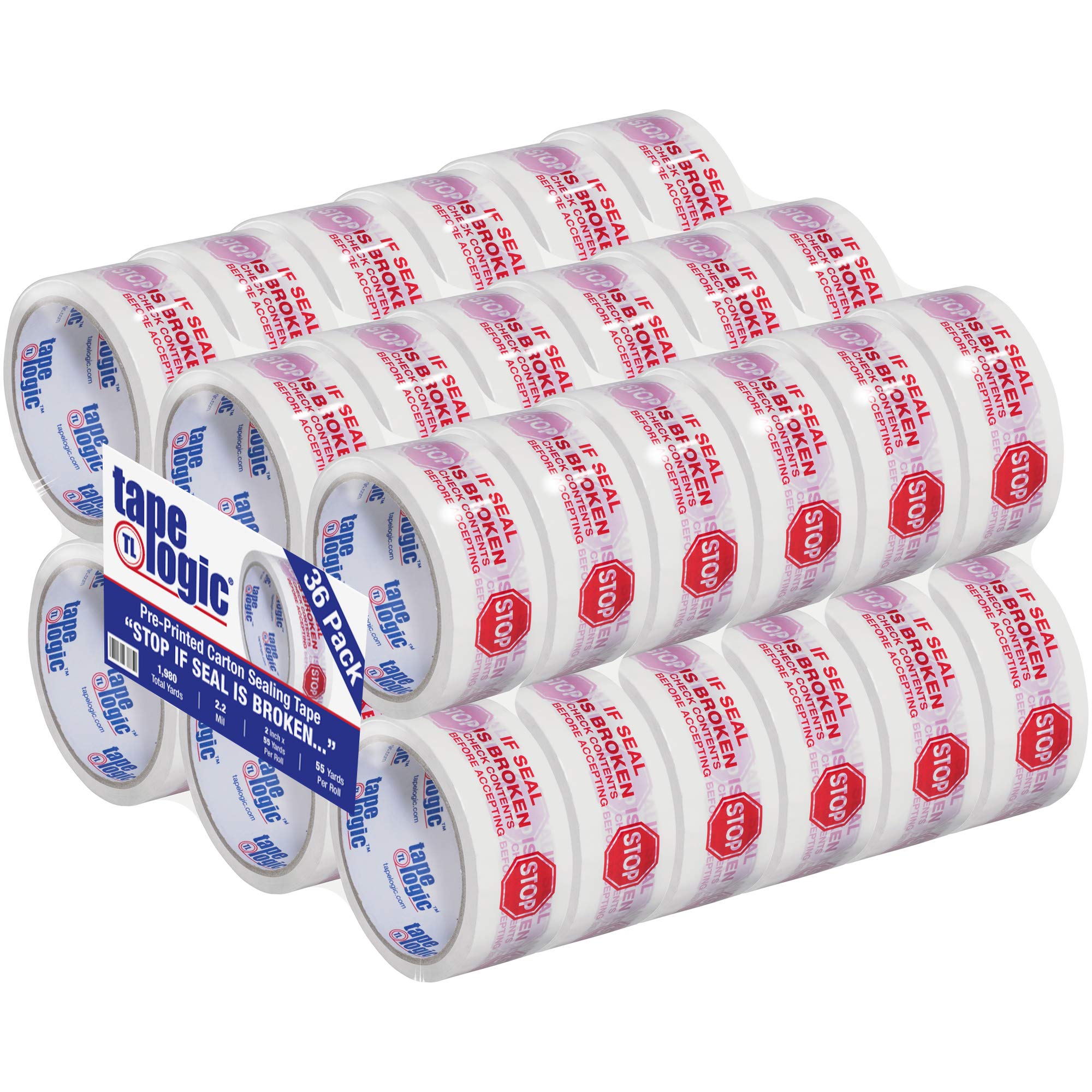 BOX USA Tape Logic 2 Inch x 55 Yard 2.2 Mil Red/White, Heavy Duty Packing Tape, "Stop If Seal is Broken" 36 Pack, Perfect for Packing, Shipping,