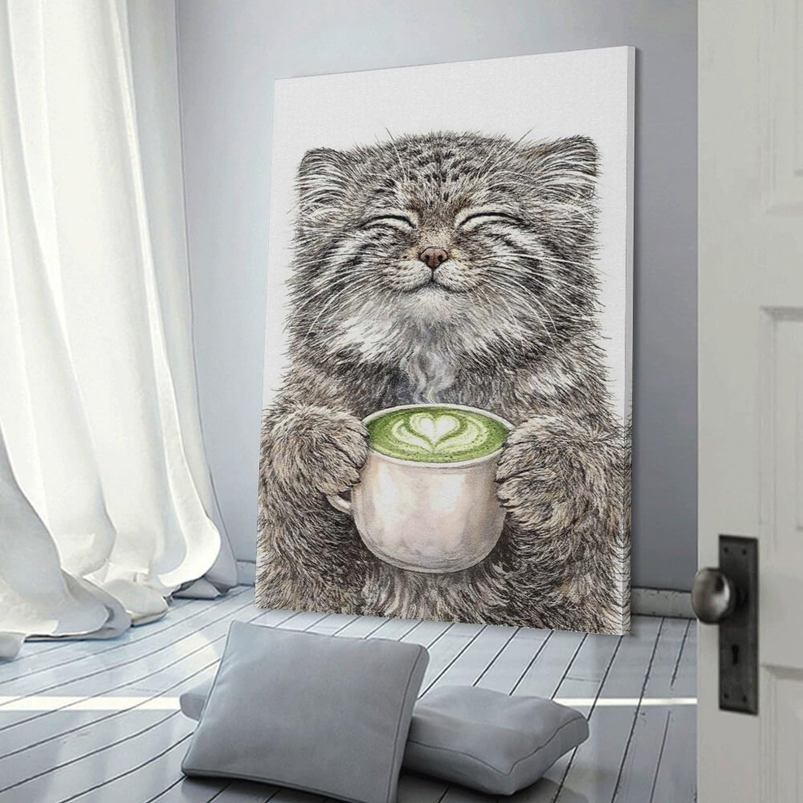 Junmoney Frame-Style-16 Pallas Cat With Matcha Latte Room Decor Wall Art, 24X36inch(60X90cm), For Home Office, Desk Area Or Studio, An Interior Accent For Desk Areas