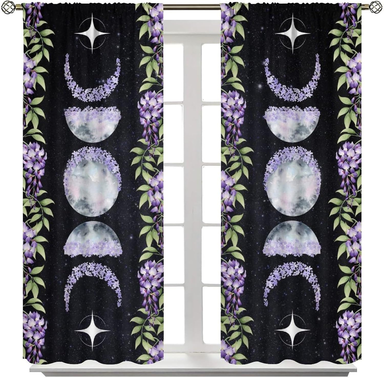 Moon Flower Blackout Curtains Farmhouse Starry Sky Bohemian Purple Vines Moon Phase Flowers Windows Treatments Rod Pocket Drapes for Girls Living Room Bedroom Kitchen 42x45in