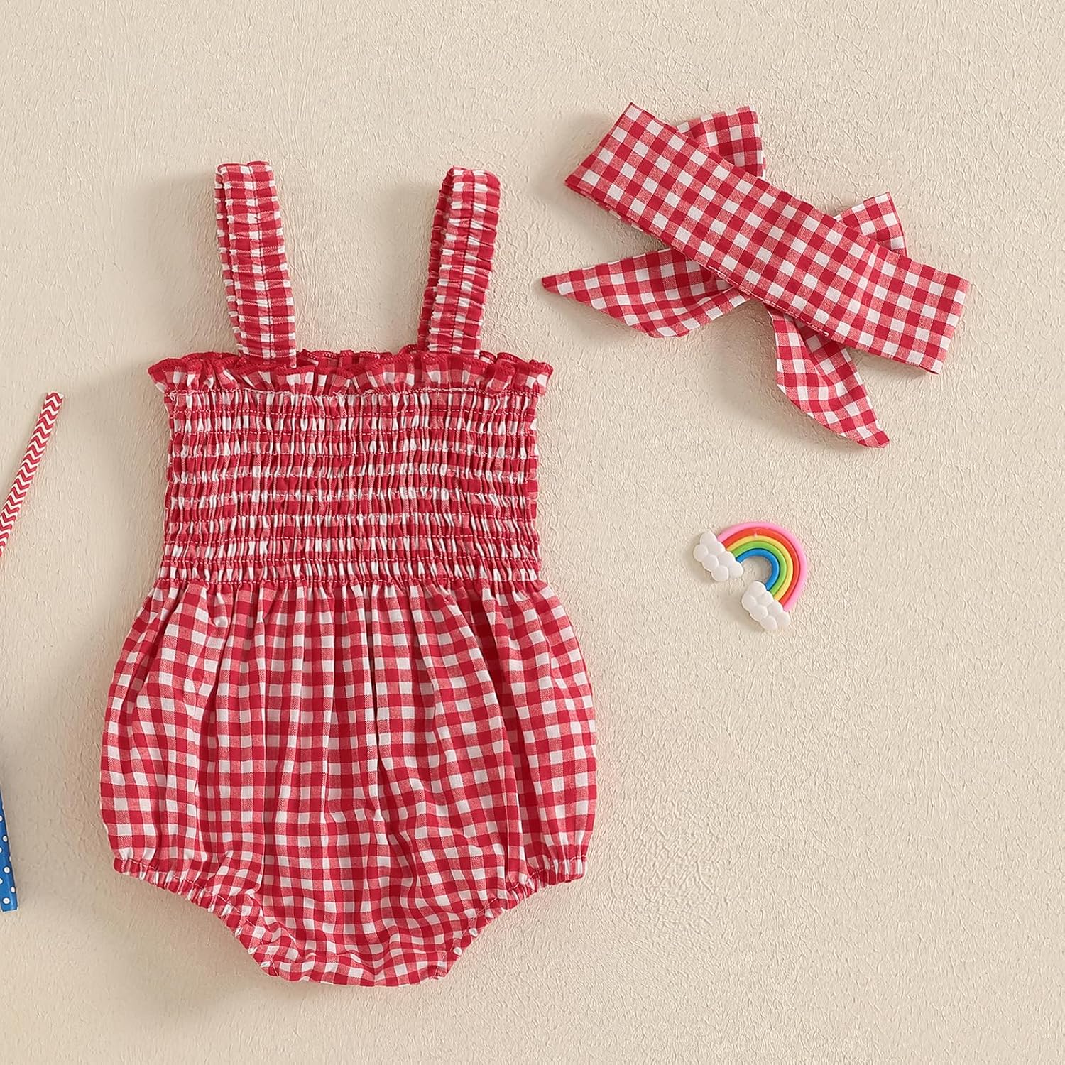 Yojeasrio Newborn Baby Girl My First 4th of July Outfit Letter Embroidery Shirred Sleeveless Bubble Romper Set Infant Clothes