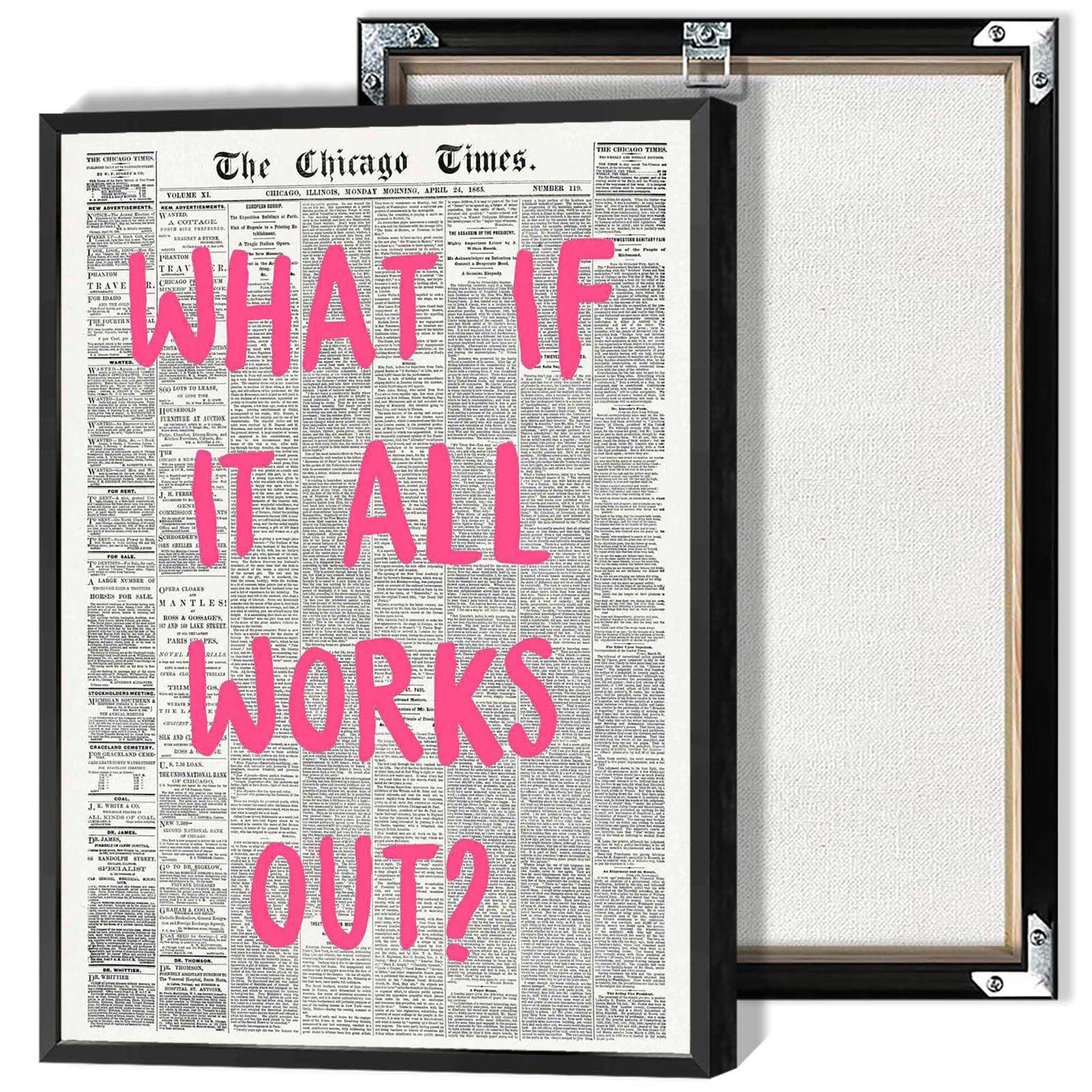 What If It All Works Out Poster Retro Newspaper Pink Font Canvas Wall Art Positive Affirming Quote Minimalist Prints Painting For Home Bedroom Dorm Wall Decor 24x36in Framed โ image 1
