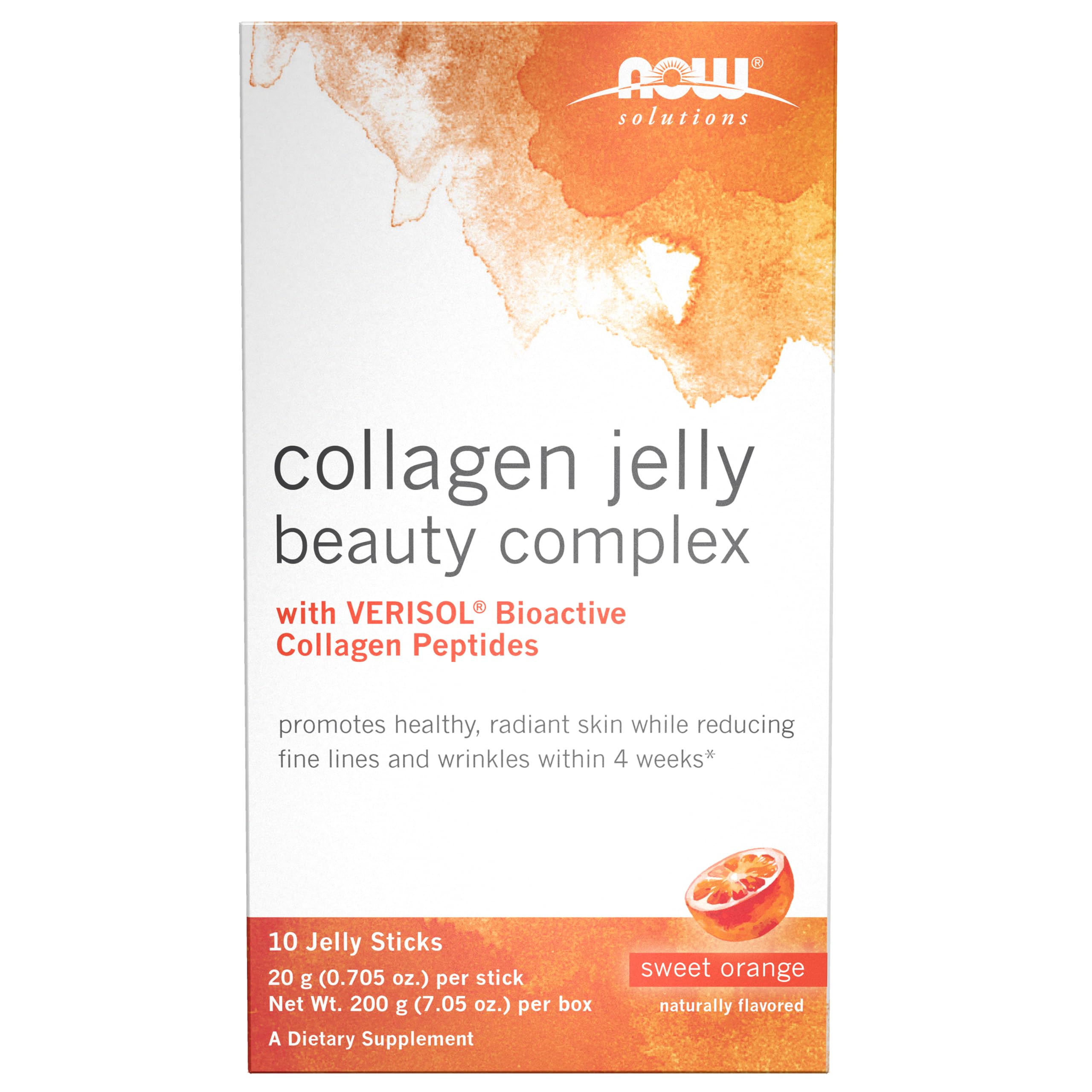 NOW Colágeno em Gelatina com Peptídeos de Colágeno VERISOL®, Sabor Laranja, 10 unidades