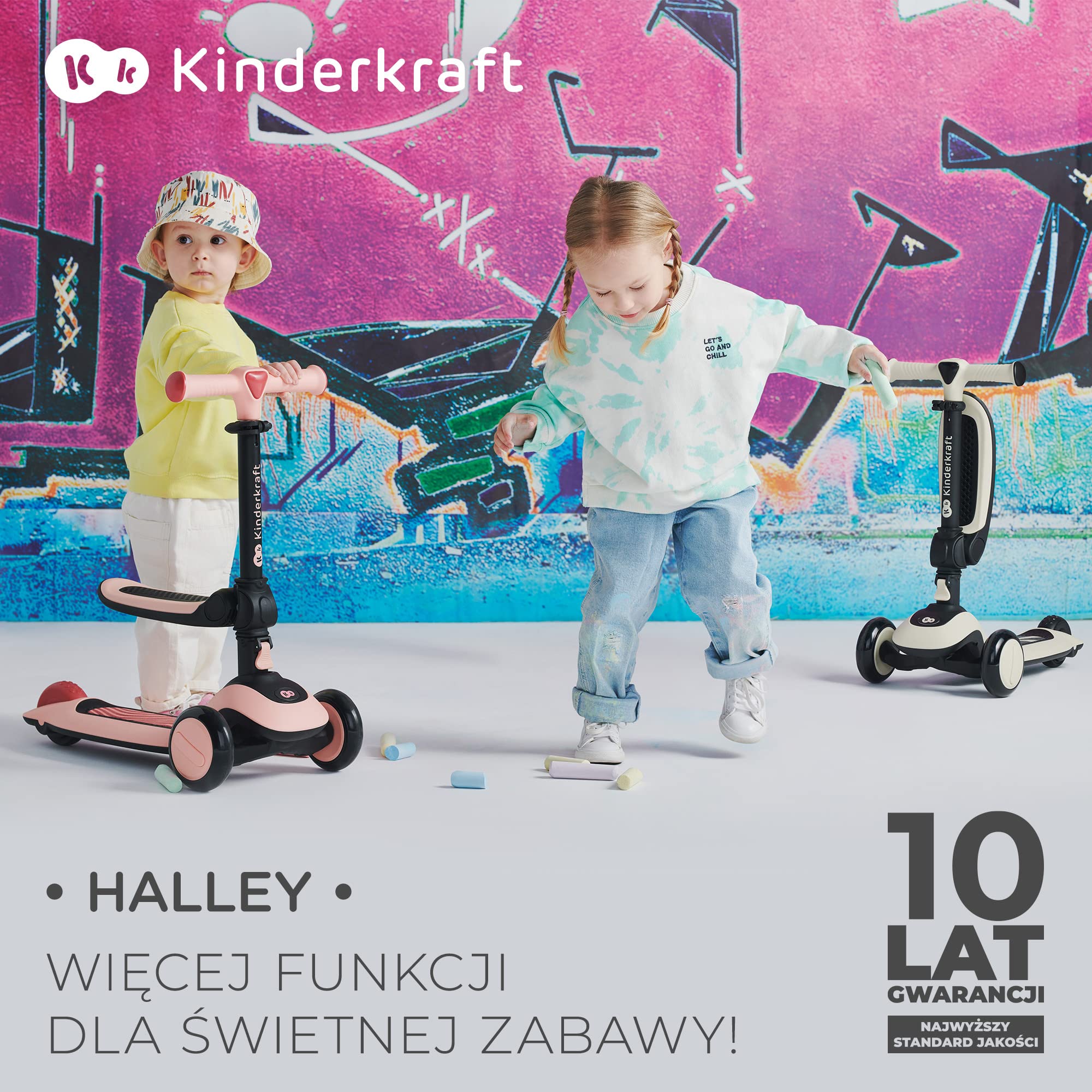 Kinderkraft HALLEY Hulajnoga dziecięca od 1 roku do 13 lat, 3 koła ze światełkami LED, Hulajnoga z siedziskiem, Funkcja rowerka biegowego, Regulowana wysokość, Obciążenie do 50 kg, Różowa