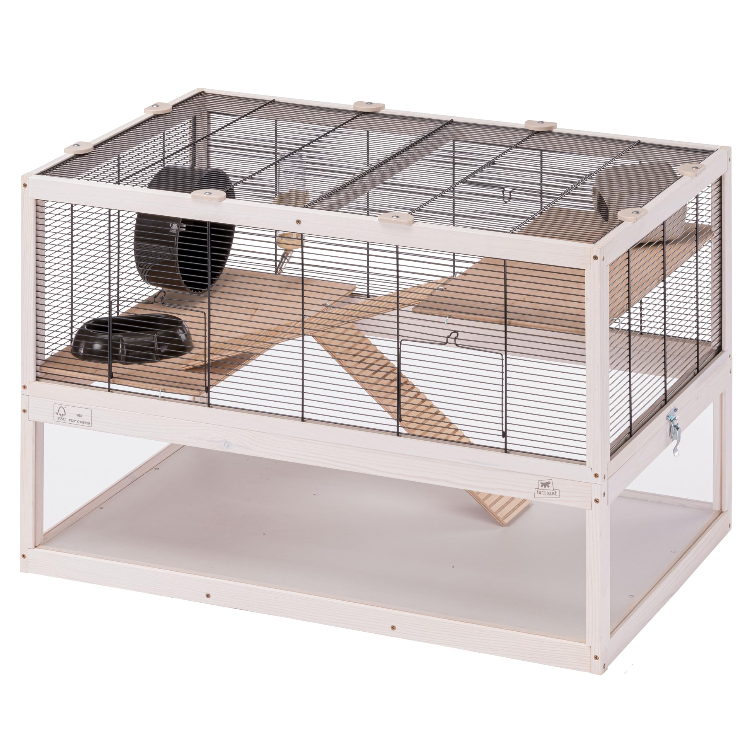 Ferplast Gabbia per criceti DOMSTER, Gabbia per topi a 3 livelli, con accessori, piattaforme e scale, metallo verniciato e legno FSC, base trasparente, gabbia per criceti in legno 80 x 50 x h 56 cm