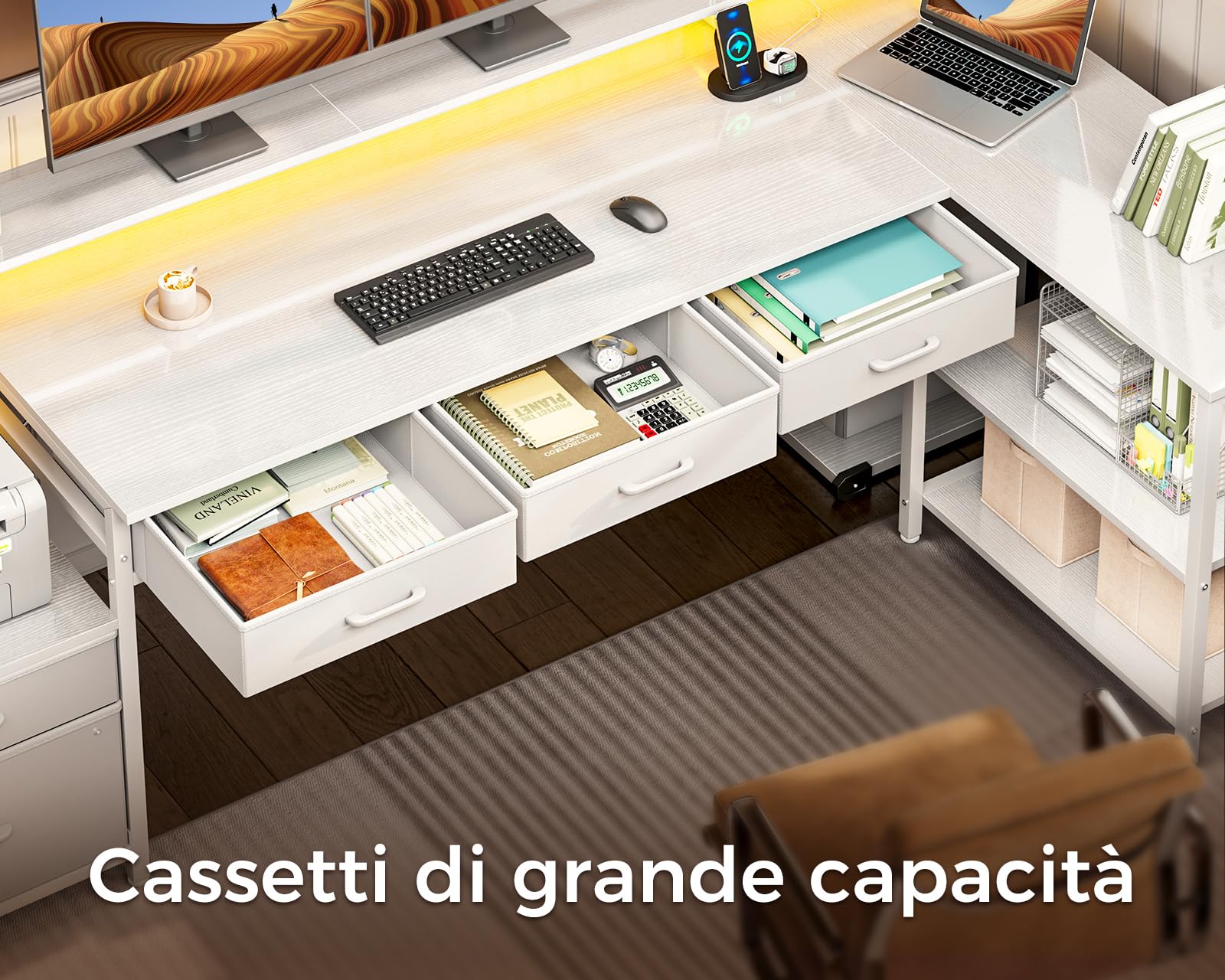 Coleshome Scrivania Angolare Con 6 Cassetti, Scrivania Salvaspazio A L Con Presa Di Corrente, Tavolo PC E Scrivania Computer, Scrivania Ufficio Reversibile (Nero, 126x80 Cm - 8