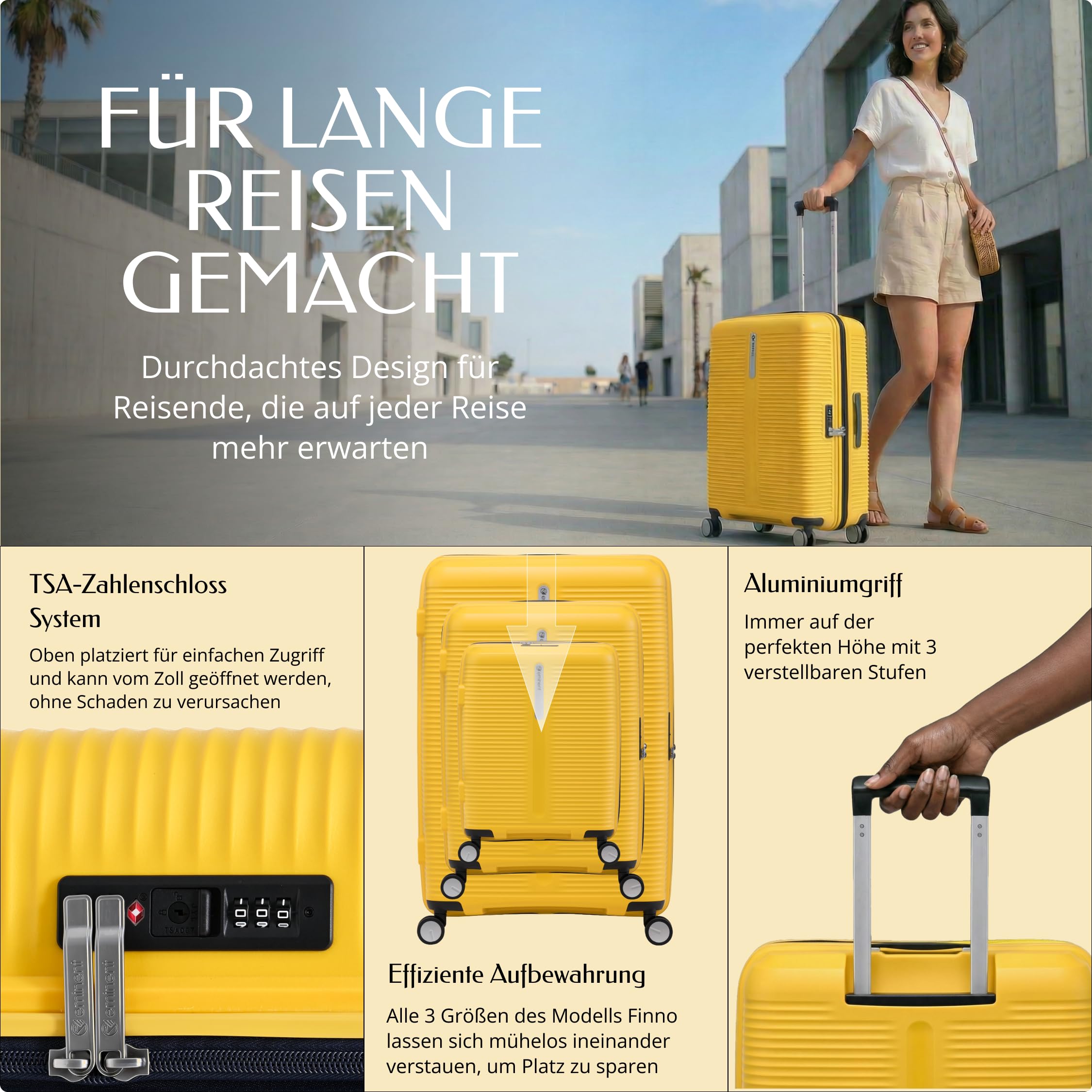 Eminent Finno Koffer Mittelgroß leicht, Hartschalenkoffer Trolley | Reisekoffer mittelgroß, 3,0 kg leicht, 73L, 4 Rollen, erweiterbar 66x46x26 auf 30, TSA Schloss, Polypropylen, Gelb