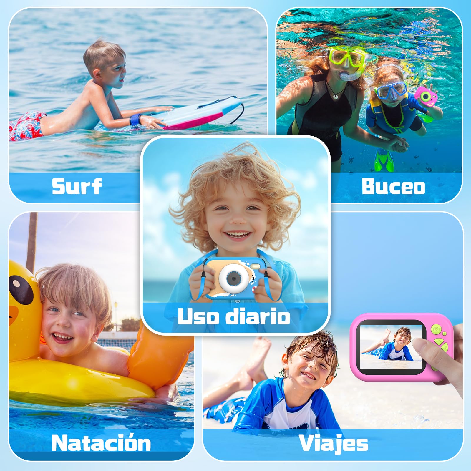 CHAKEYAKE Camara Acuatica Infantil, IP67 1080P Cámara subacuática con Zoom 10X, Pantalla de 2.4”, Tarjeta 32GB, Juguete para Piscina y Playa, Regalo para Niños y Niñas de 3–12 Años, Azul
