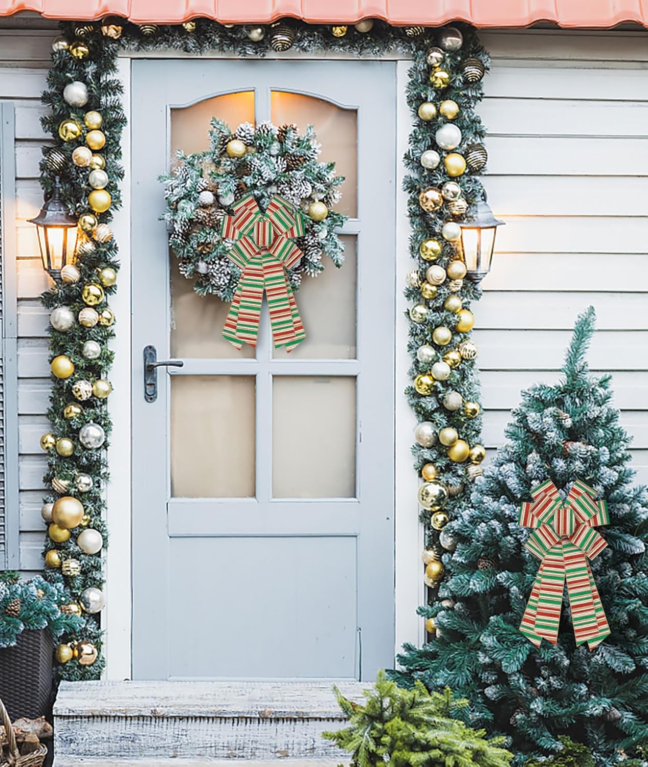 ALIBBON Large Christmas Bows for Wreaths, Christmas Wreath Bows, Glitter Red White Green Stripe Bows for Front Door, Christmas Decor, Christmas Tree Topper Bows for Indoor Outdoor Holiday Decorations - Image 4