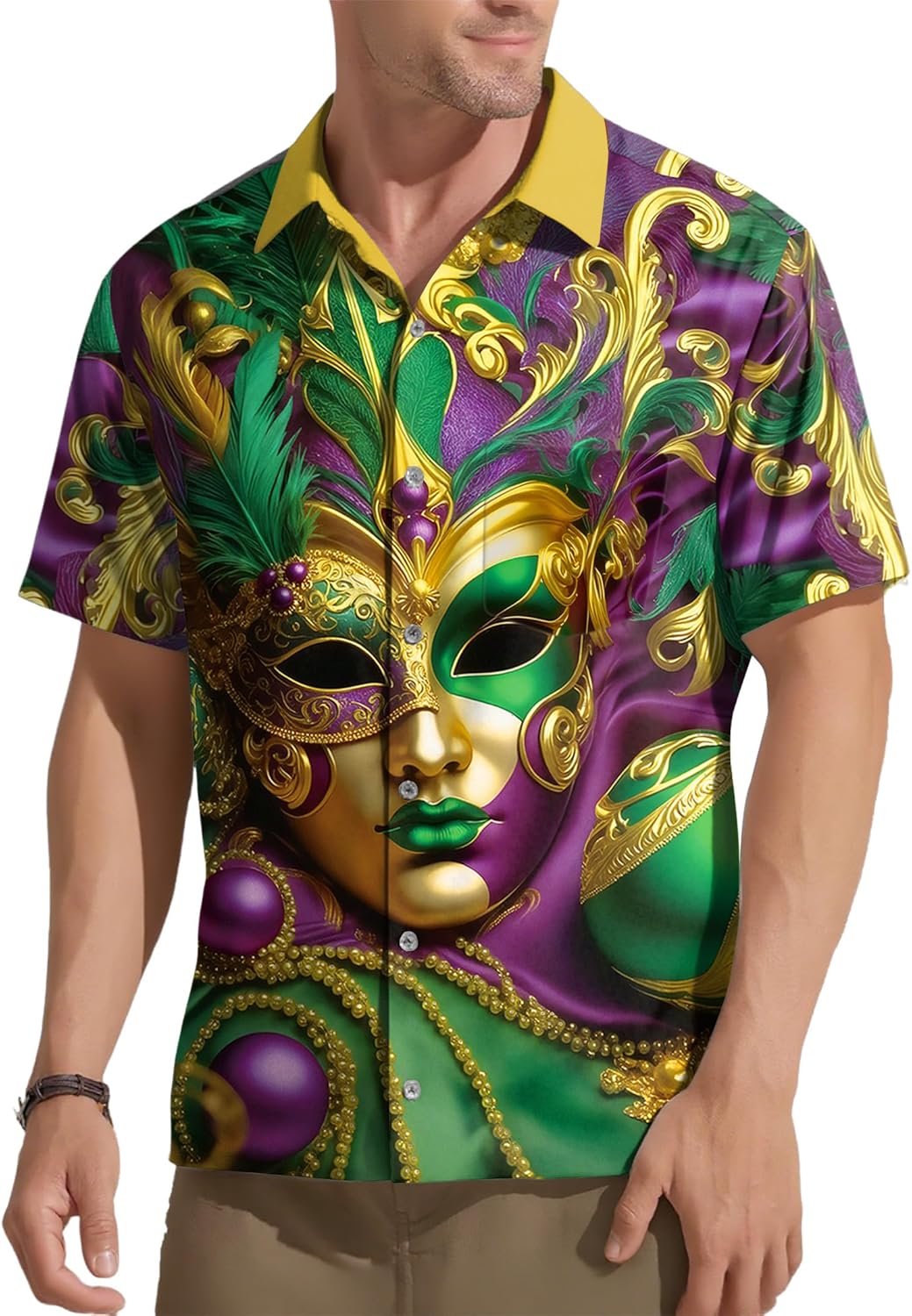 Mardi Gras Shirts for Men New Orleans Mardi Button Down Shirt Carnival Themed Short Sleeve Holiday Blouse Tee - Image 5