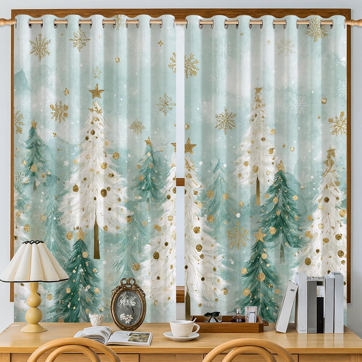 Christmas Tree Blackout Curtains, Festive Fanciful Snowflake Star Xmas Teal Wrinkle Free Window Drapes for Office Window Decor 42x45 Inch