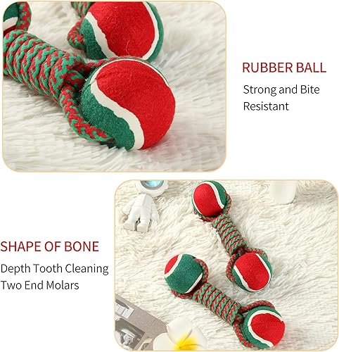 Miniatura 9 de AllinPet Juguetes de dentición de Navidad para cachorros con nudos, cuerda de algodón, doble bola, juguetes para masticar bolas para perros, juego
