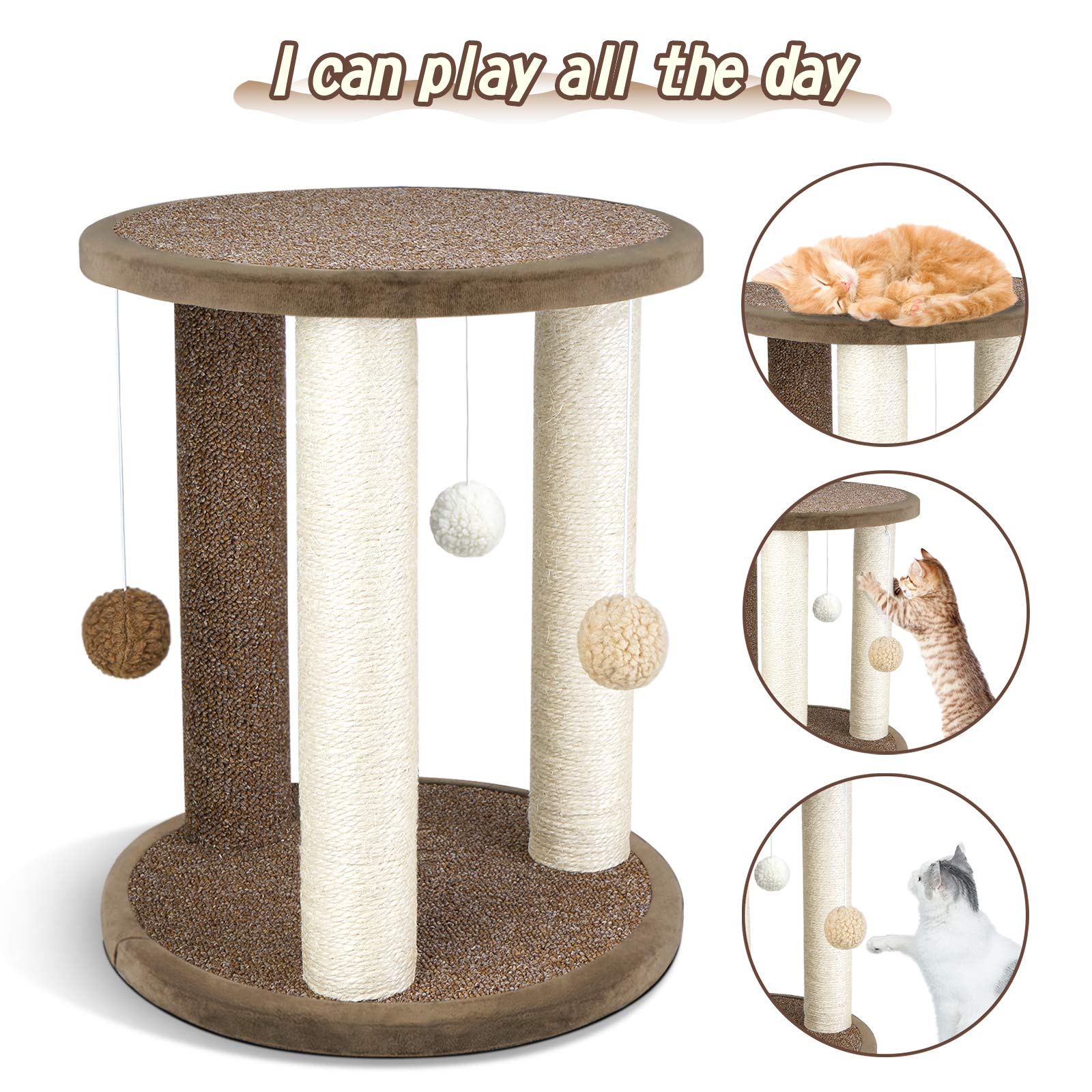 Aibuddy Tiragraffi per gatti, torre tiragraffi con 3 pali tiragraffi, area giochi con base in moquette e posatoio (giocattoli interattivi per gatti, palla pendente, montaggio orientale, 40 x 40 x 47