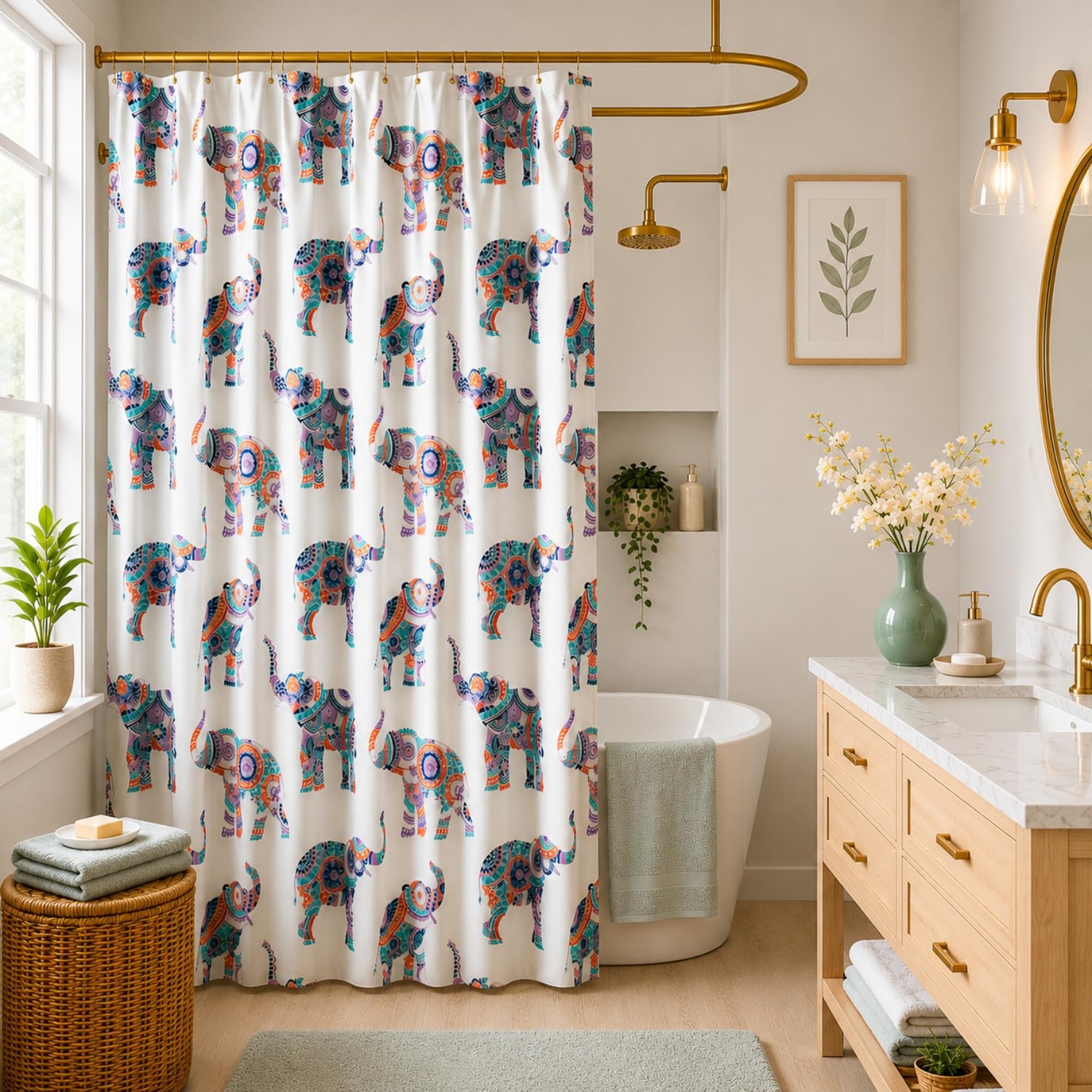 homewards Digitally Printed Quirky Elephant Design Water Repellent Polyester Shower Curtain (6ft x 6ft) 180cm x 180cm with 12 Hooks,Multi Color Quirky Elephant Design-picture-28