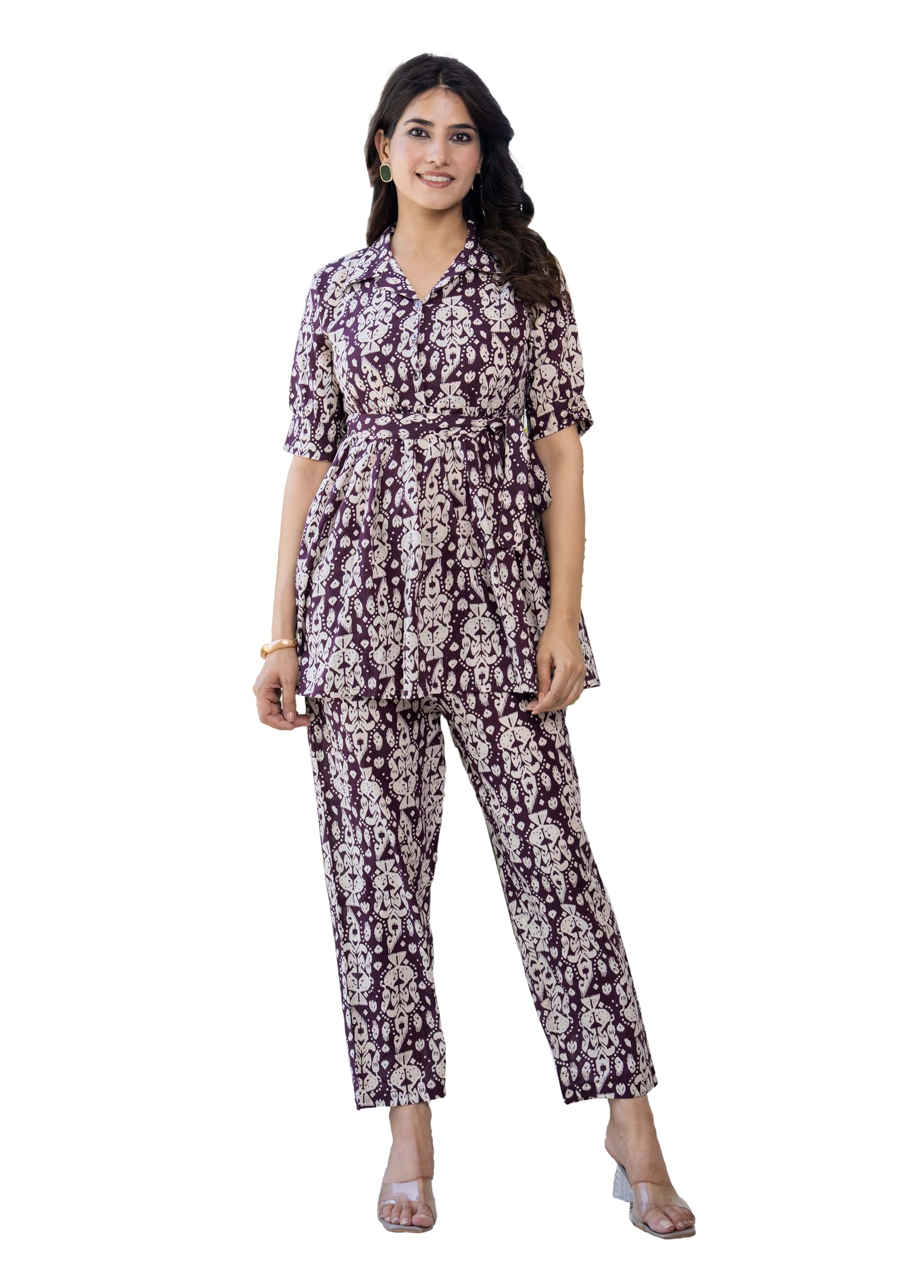 Women Pure Cotton Floral Ivory Print Baroque Co-Ord Set