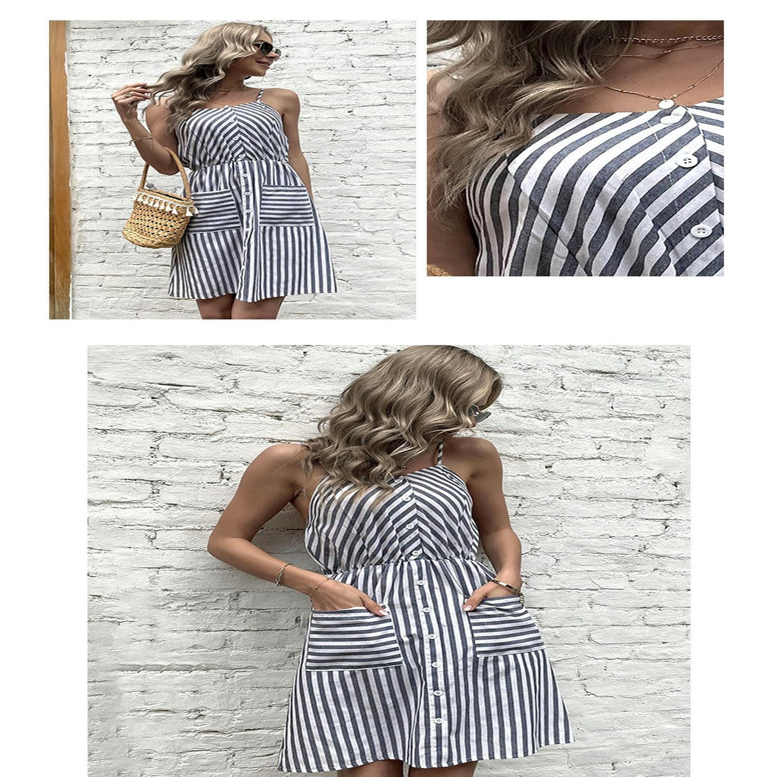Abiti Abiti Donne Estate Elegante Striped V-Neck a Righe Vita Halter Sling Dress Abiti da Sera Abito, YYEFNMAZ, Grigio, m