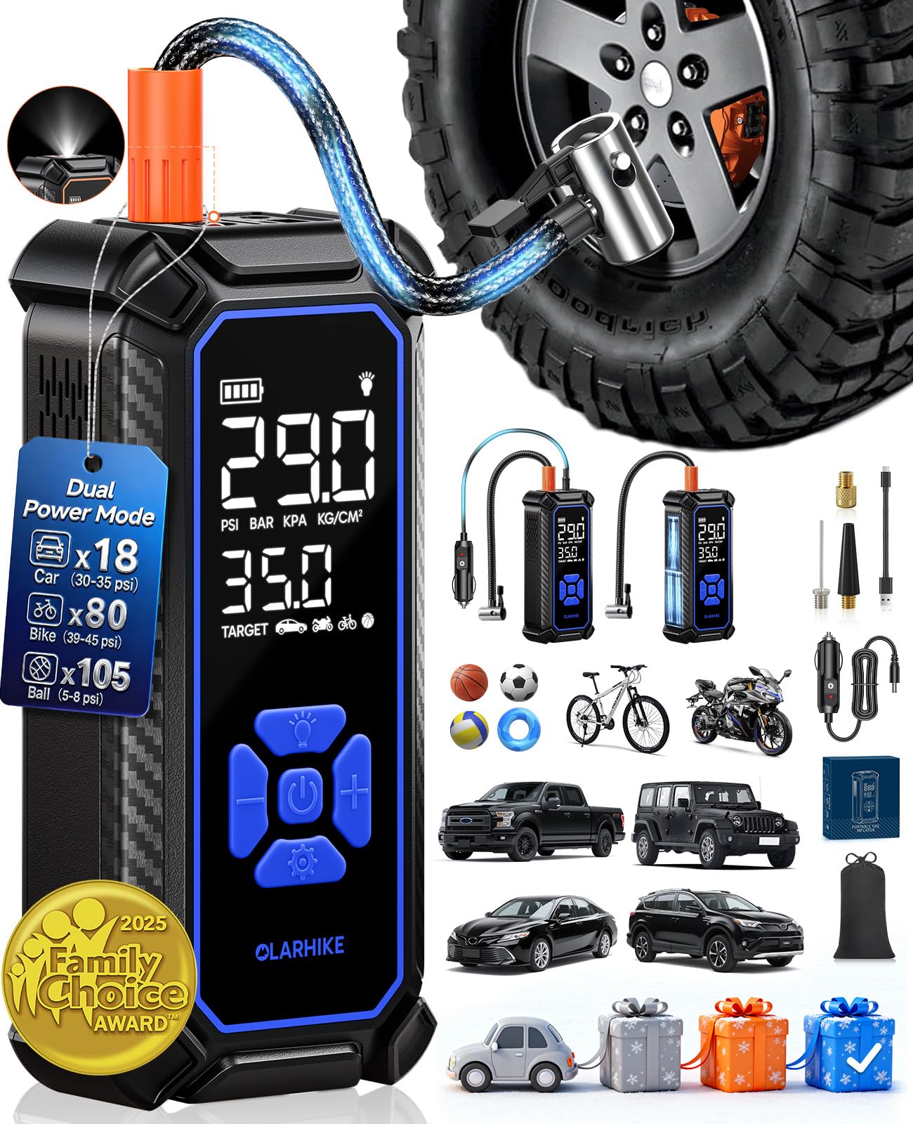 OlarHike Tire Inflator Portable Air Compressor, Dual Power - 6000mAh & 12V DC, Cordless Air Pump for Car Tires, Bikes, Motorcycle, Balls with LED & Digital Pressure Gauge, Auto Shut-off 2-blue 6000 (Large Capacity)